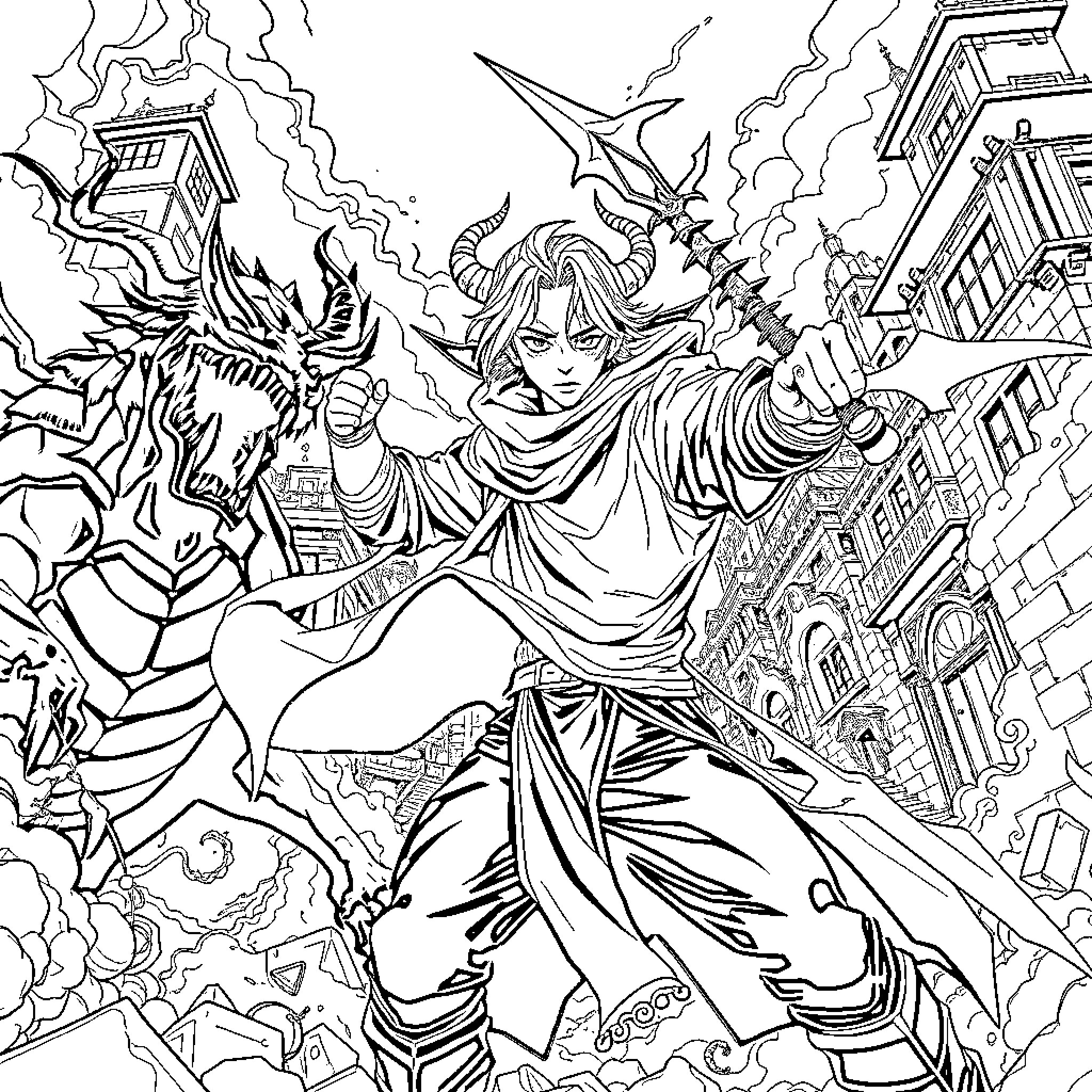 Rumi's Heroic Encounter with Mythical Creatures Coloring Page (free black-and-white line drawing printable PDF for all, from beginners to advanced learners, including children, teens, adults, and seniors)