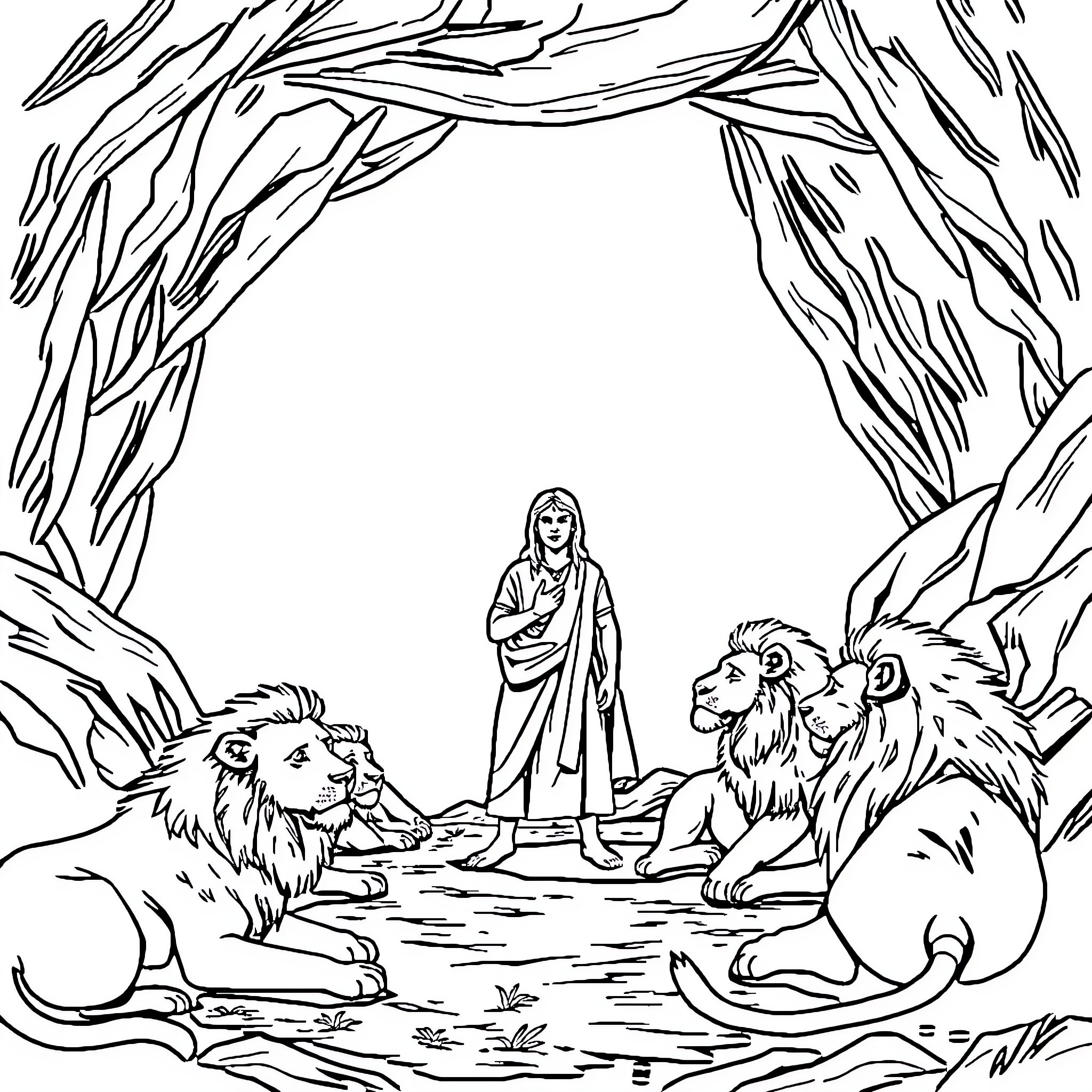 Daniel surrounded by lions in a wilderness scene Coloring Page (free black-and-white line drawing printable PDF for all, from beginners to advanced learners, including children, teens, adults, and seniors)
