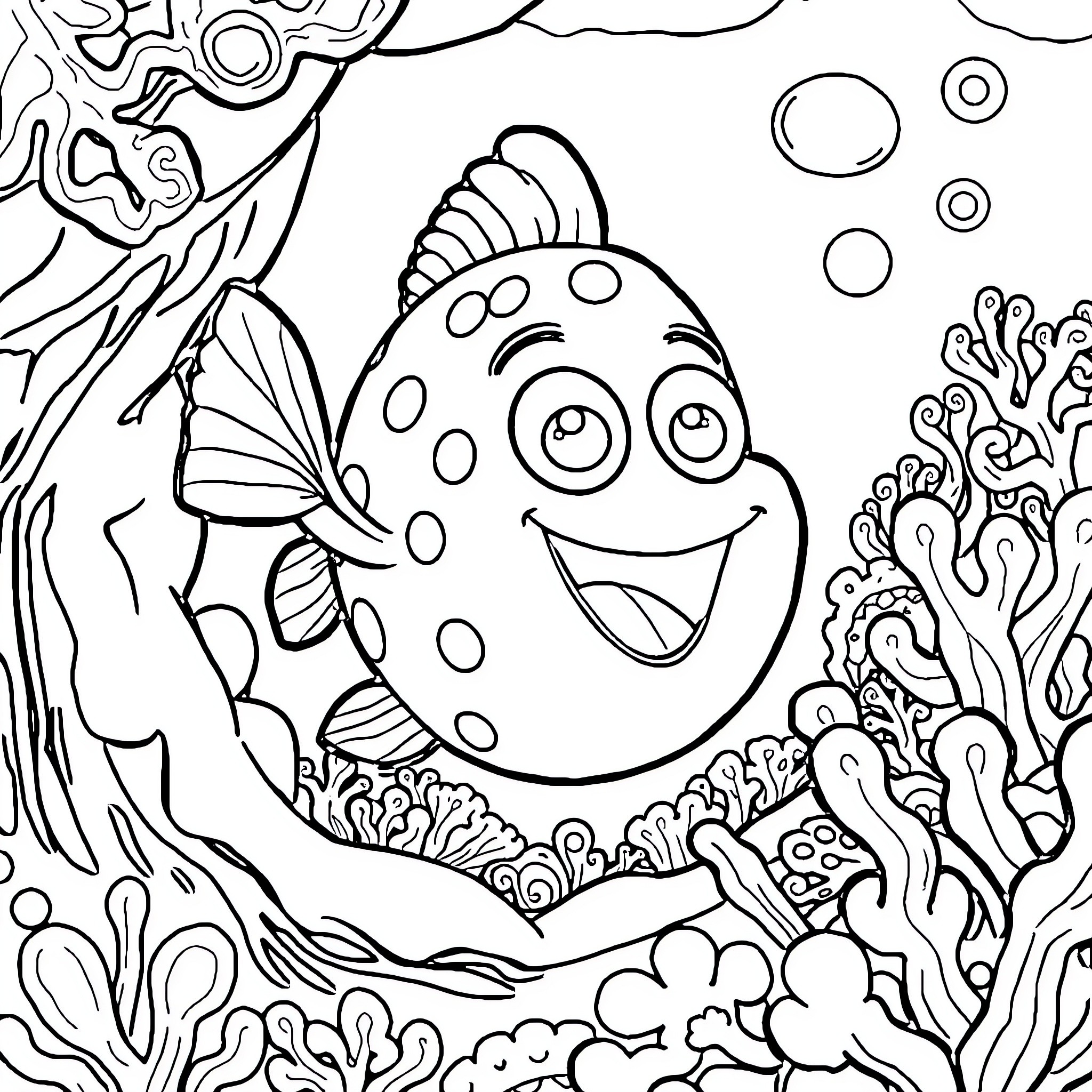 Spongebob's Underwater Adventure with Colorful Creatures Coloring Page (free black-and-white line drawing printable PDF for all, from beginners to advanced learners, including children, teens, adults, and seniors)