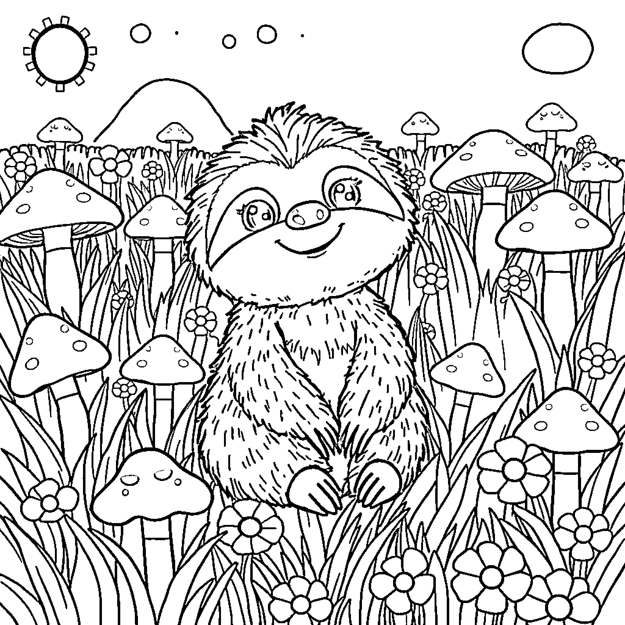 Sloth lounging amid whimsical mushroom forest Coloring Page (free black-and-white line drawing printable PDF for all, from beginners to advanced learners, including children, teens, adults, and seniors)