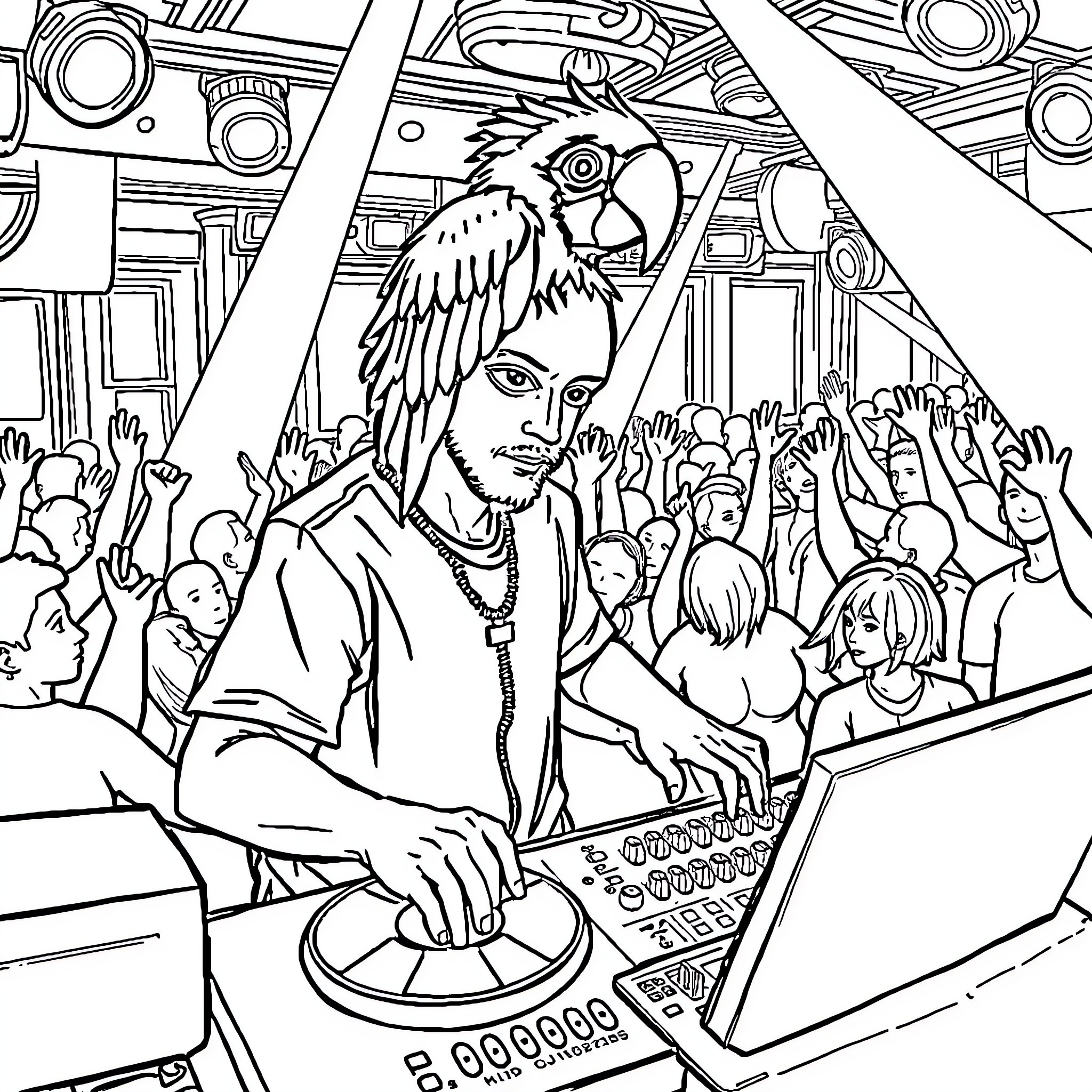 DJ with winged headpiece performing for cheering crowd Coloring Page (free black-and-white line drawing printable PDF for all, from beginners to advanced learners, including children, teens, adults, and seniors)