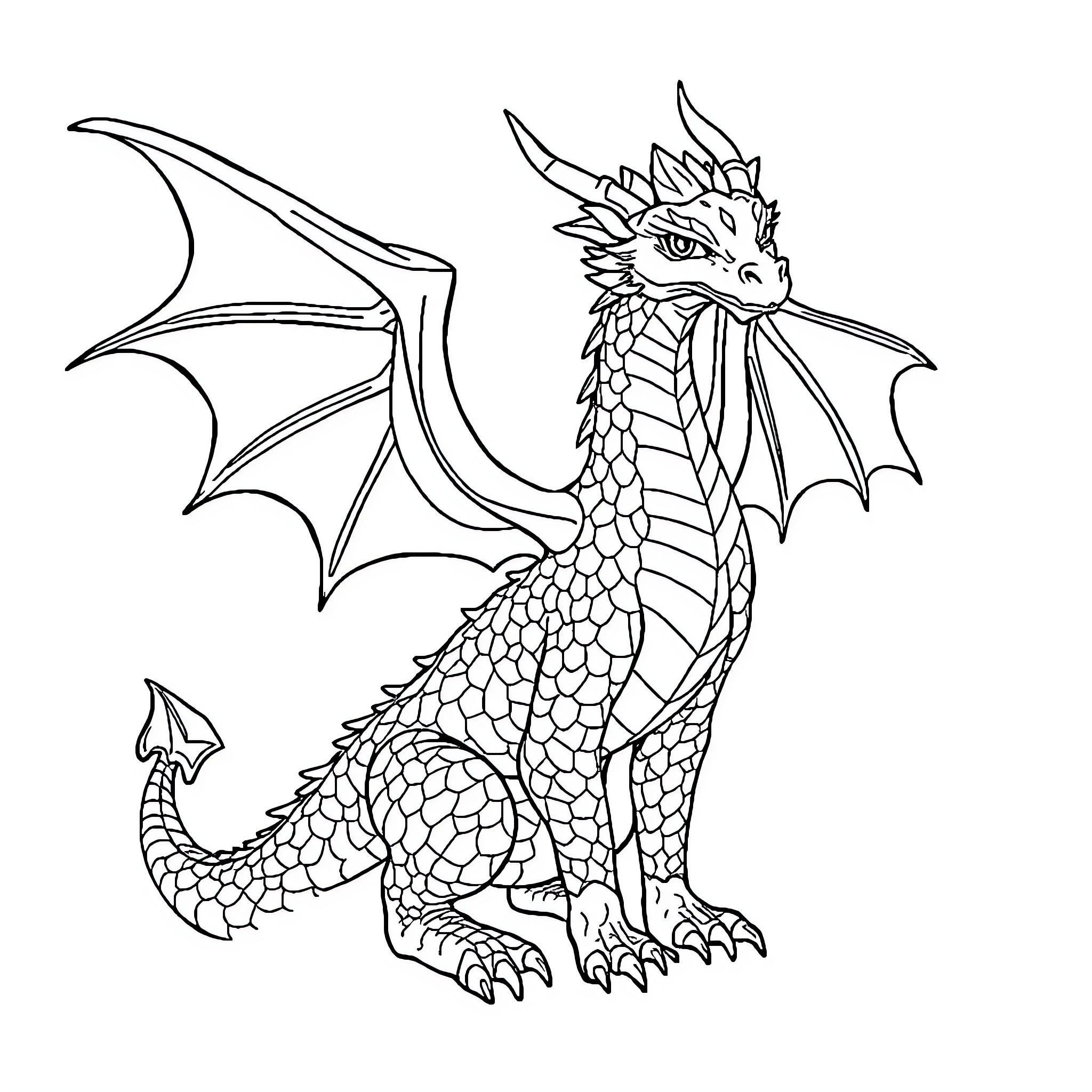 Dragon soaring with majestic wings Coloring Page (free black-and-white line drawing printable PDF for all, from beginners to advanced learners, including children, teens, adults, and seniors)