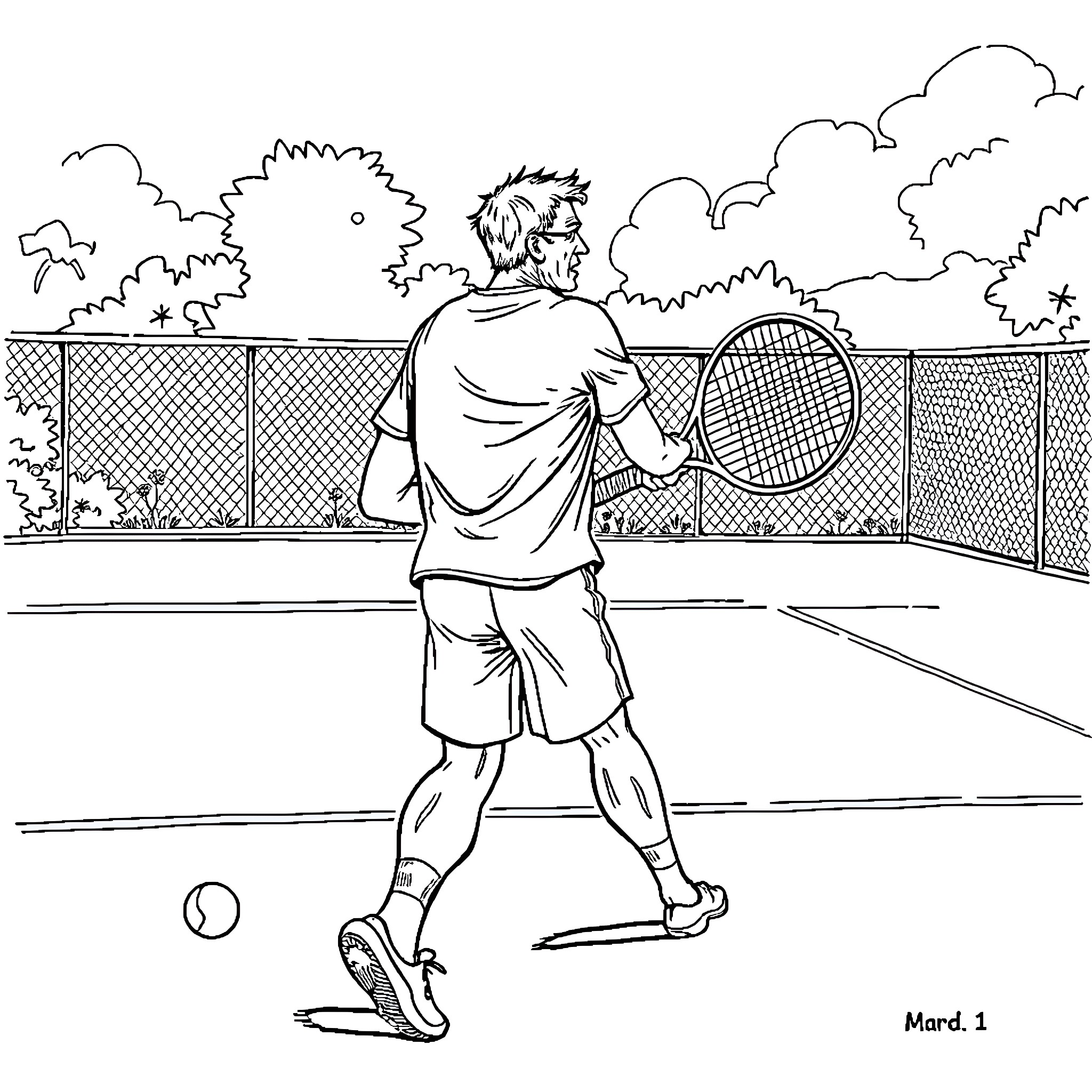 Dad playing tennis on an outdoor court Coloring Page (free black-and-white line drawing printable PDF for all, from beginners to advanced learners, including children, teens, adults, and seniors)