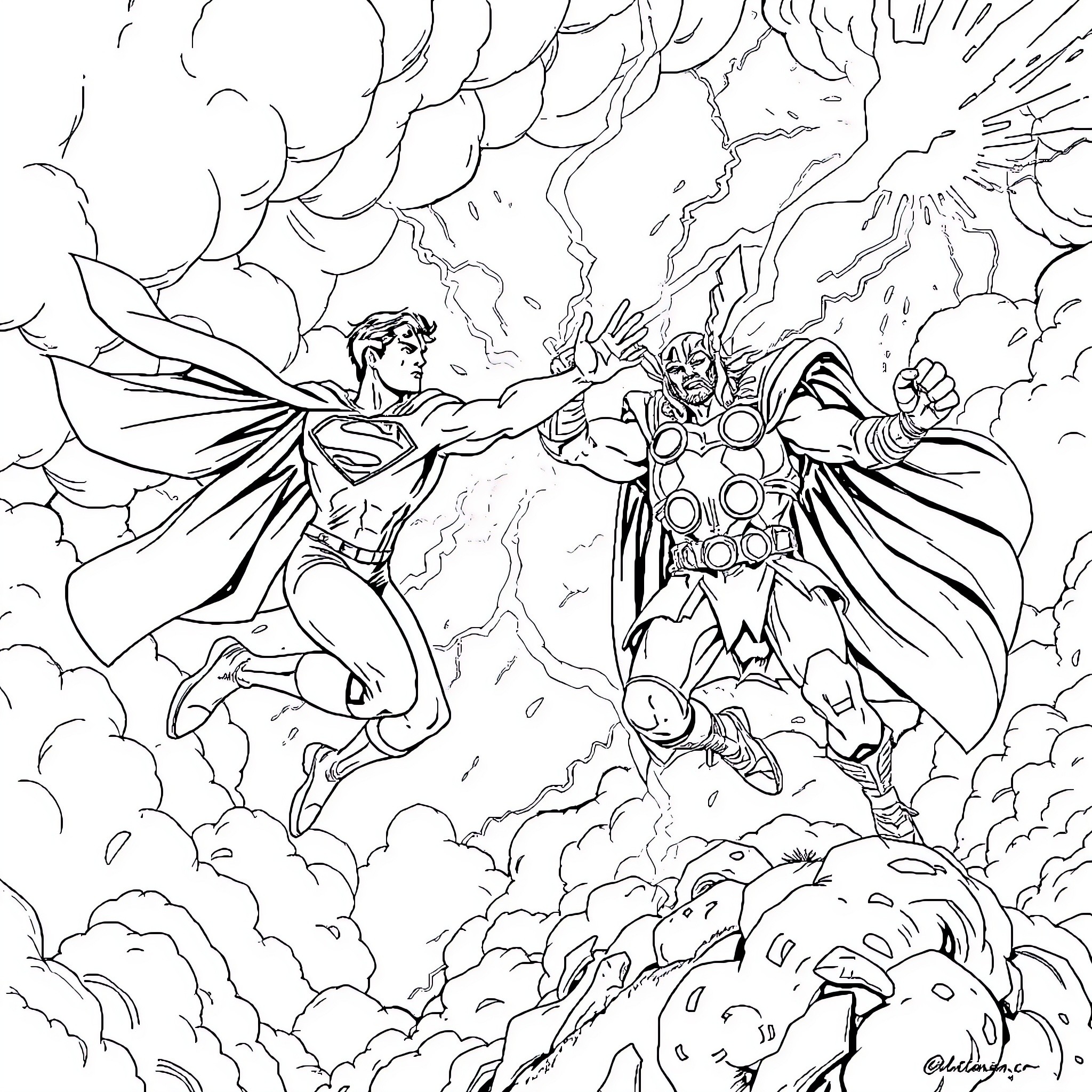 Superman fighting a supervillain in the sky Coloring Page (free black-and-white line drawing printable PDF for all, from beginners to advanced learners, including children, teens, adults, and seniors)
