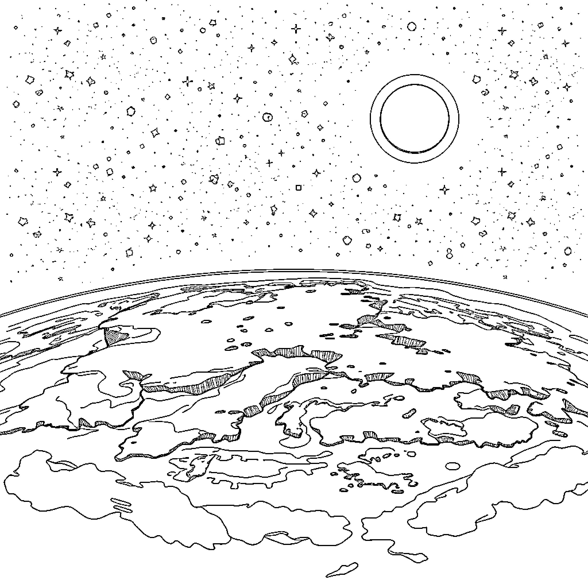 Earth amidst the cosmic expanse Coloring Page (free black-and-white line drawing printable PDF for all, from beginners to advanced learners, including children, teens, adults, and seniors)
