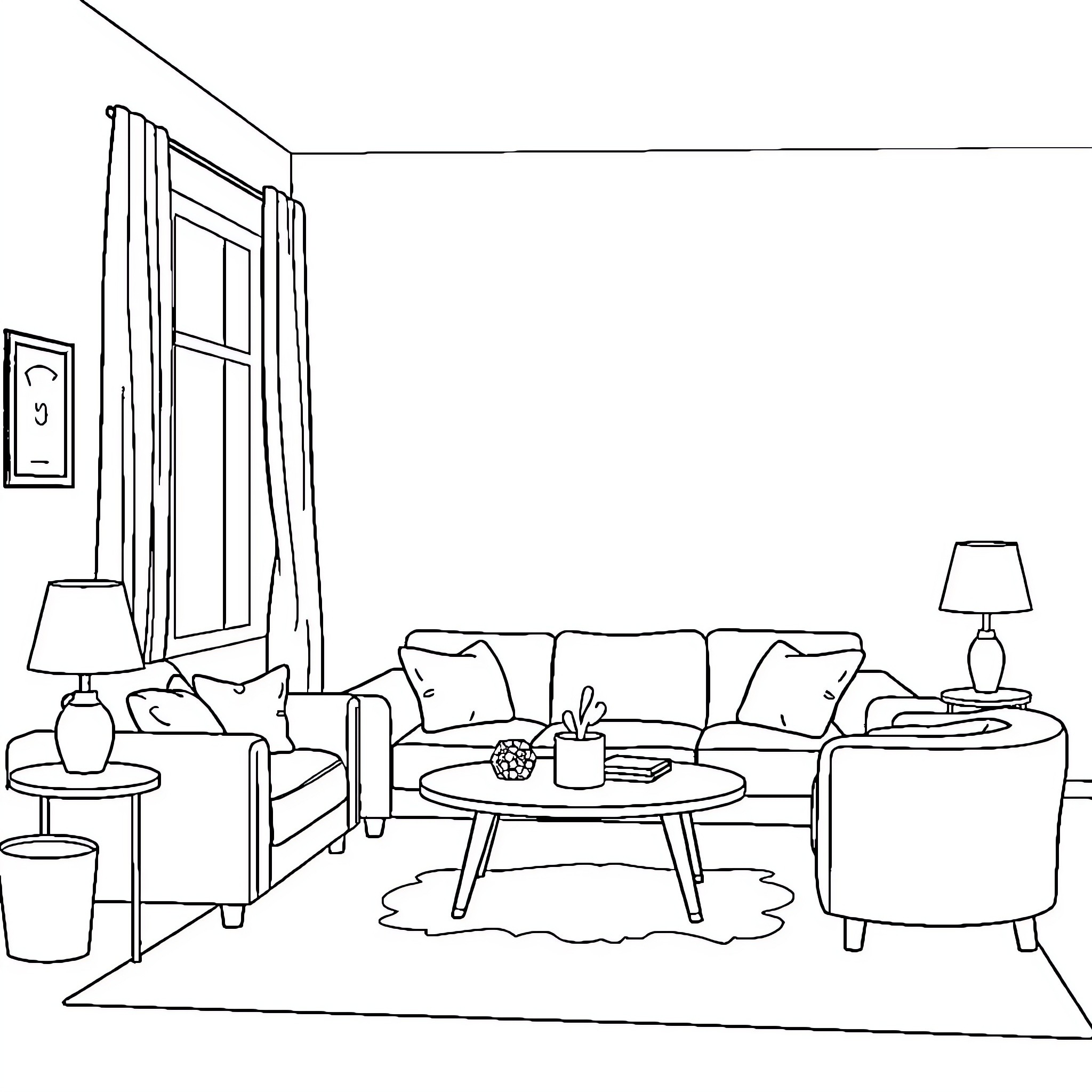 Living Room with Furniture and Decor Coloring Page (free black-and-white line drawing printable PDF for all, from beginners to advanced learners, including children, teens, adults, and seniors)