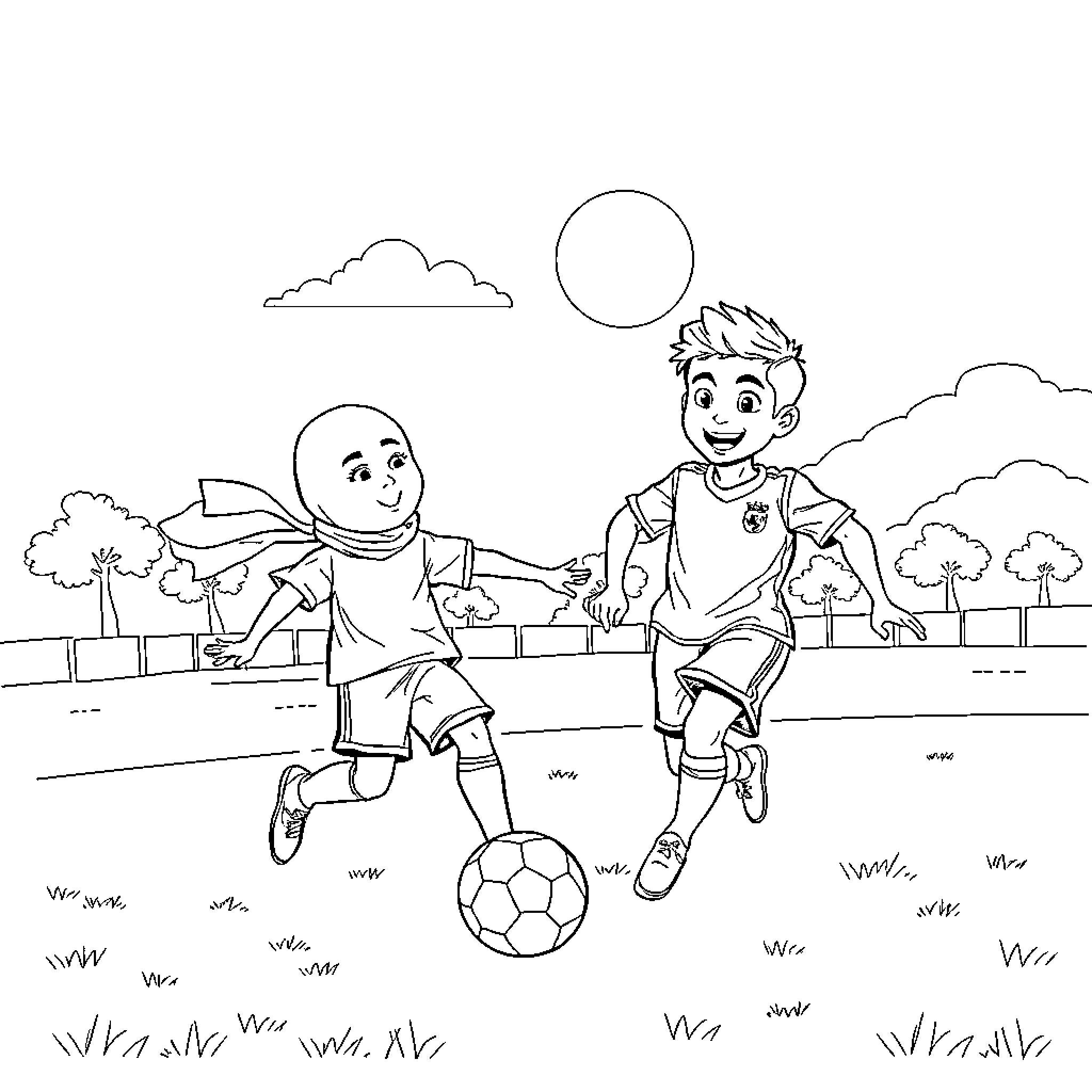 Kids playing soccer outdoors Coloring Page (free black-and-white line drawing printable PDF for all, from beginners to advanced learners, including children, teens, adults, and seniors)
