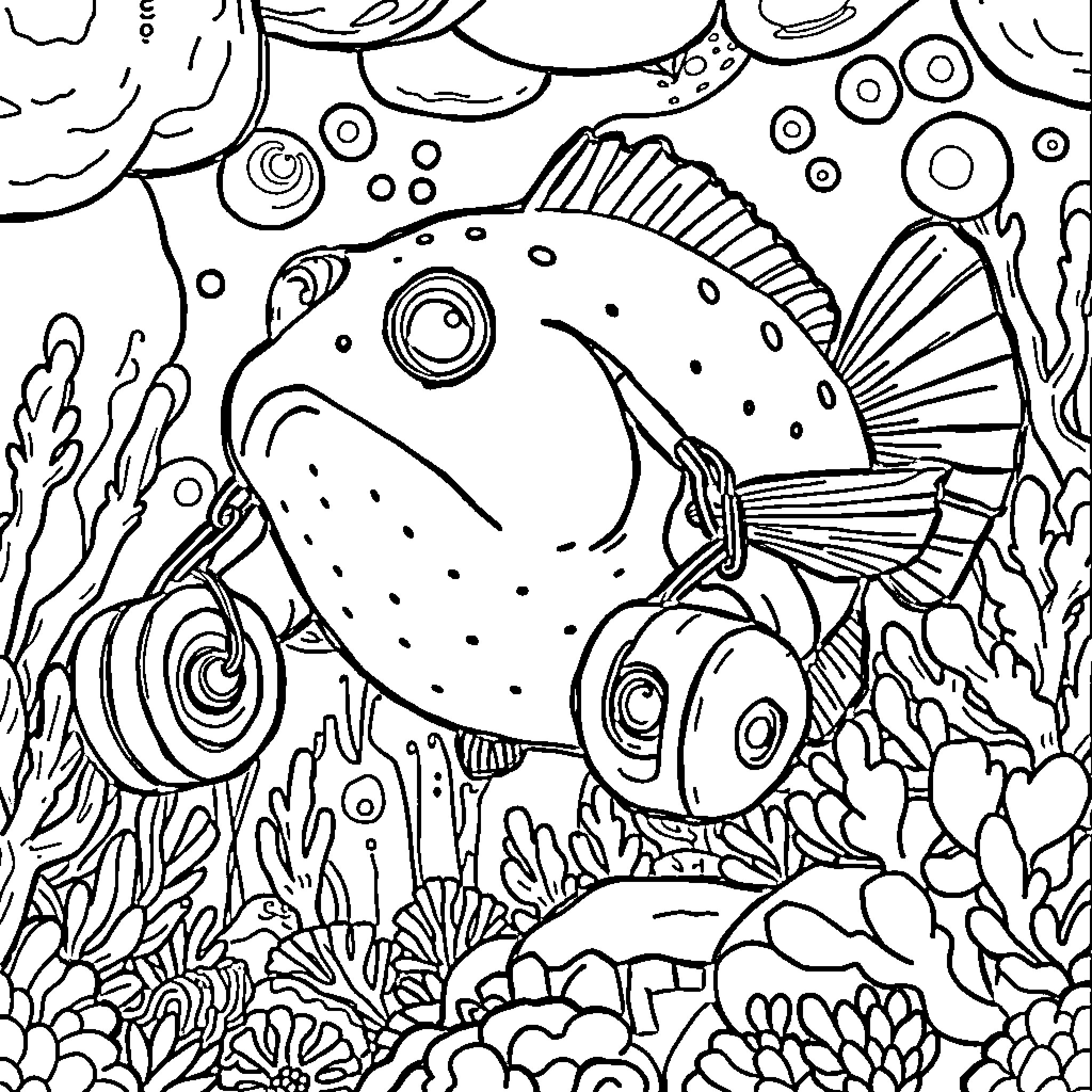 Pufferfish swimming among vibrant coral reef Coloring Page (free black-and-white line drawing printable PDF for all, from beginners to advanced learners, including children, teens, adults, and seniors)
