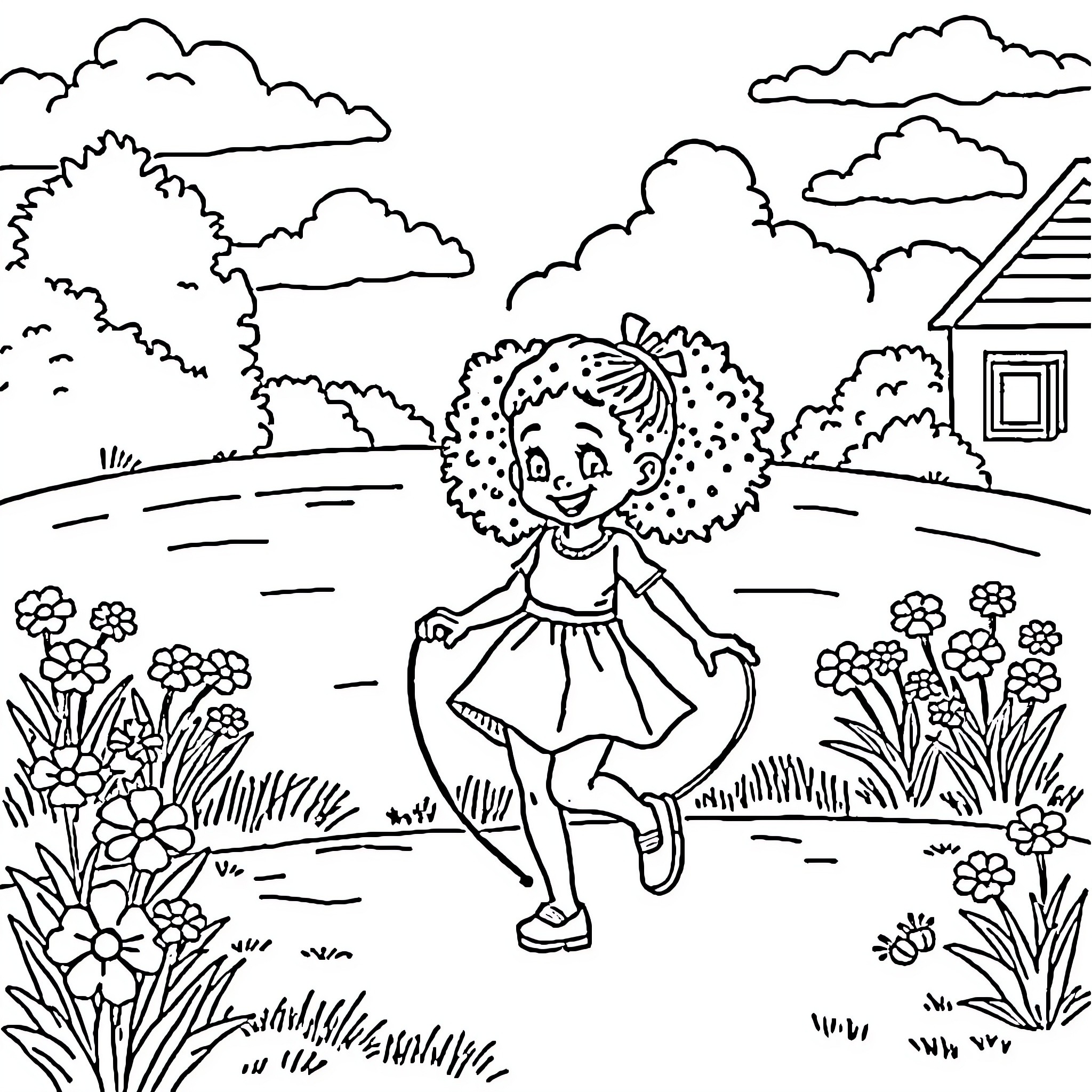 Girl playing in a garden Coloring Page (free black-and-white line drawing printable PDF for all, from beginners to advanced learners, including children, teens, adults, and seniors)