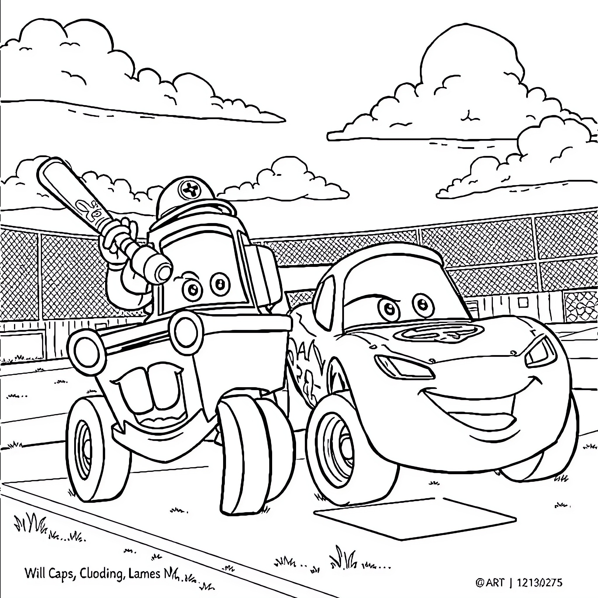 Tow Mater assisting a smiling car on the road Coloring Page (free black-and-white line drawing printable PDF for all, from beginners to advanced learners, including children, teens, adults, and seniors)