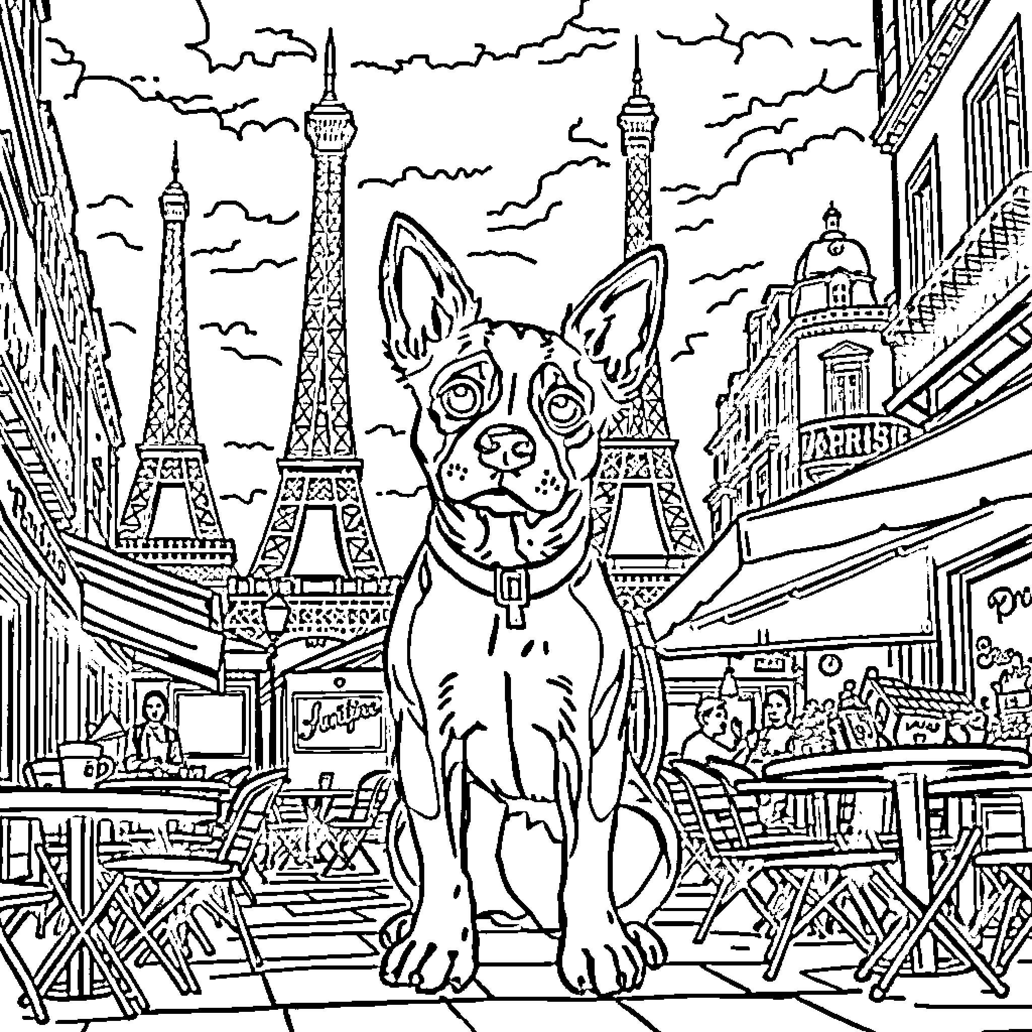 Huntrix's Parisian Pet Adventure Coloring Page (free black-and-white line drawing printable PDF for all, from beginners to advanced learners, including children, teens, adults, and seniors)