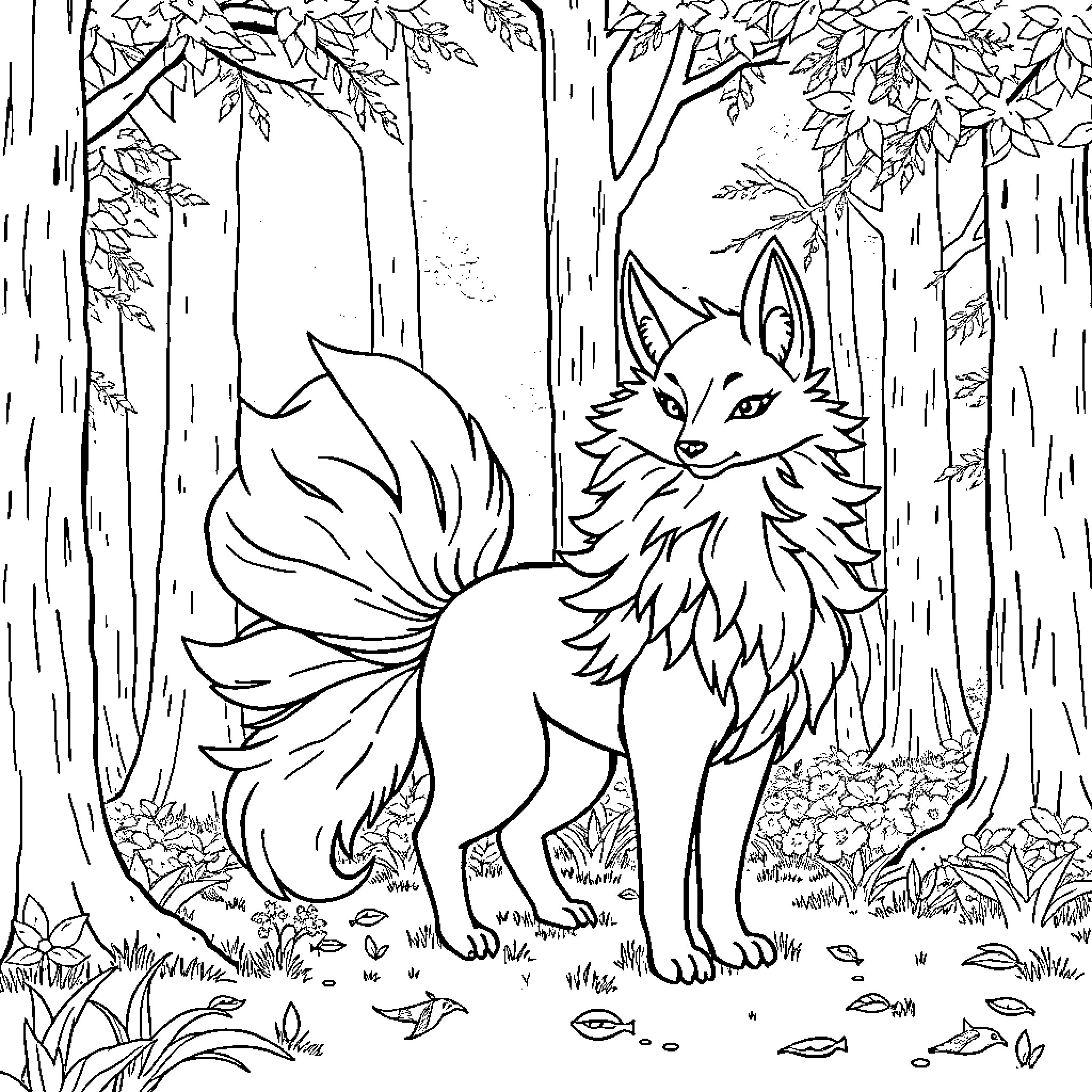Kitsune fox in mystical forest Coloring Page (free black-and-white line drawing printable PDF for all, from beginners to advanced learners, including children, teens, adults, and seniors)