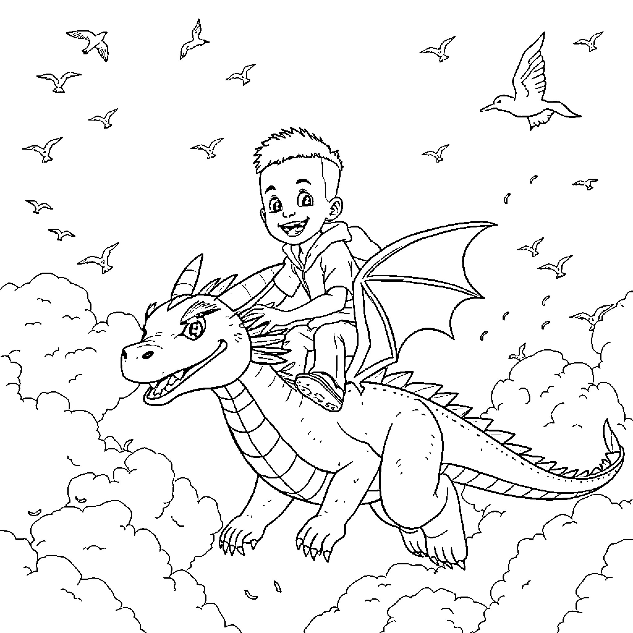 Boy riding a majestic dragon through the clouds Coloring Page (free black-and-white line drawing printable PDF for all, from beginners to advanced learners, including children, teens, adults, and seniors)