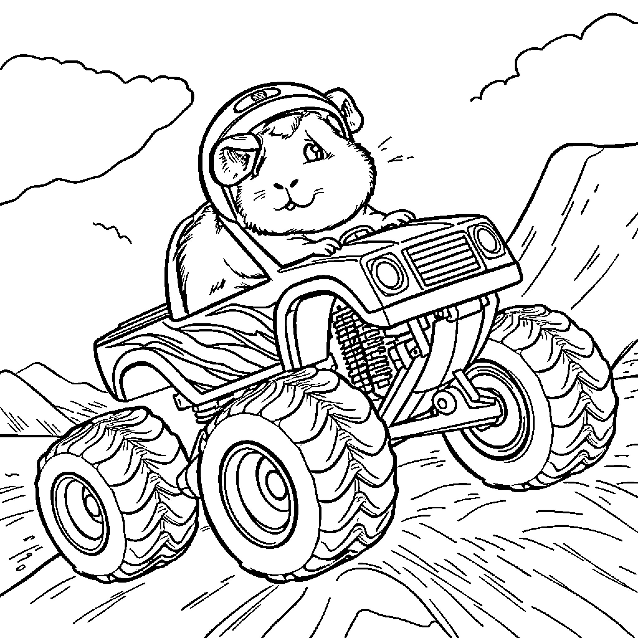 Guinea Pig driving a monster truck on rugged terrain Coloring Page (free black-and-white line drawing printable PDF for all, from beginners to advanced learners, including children, teens, adults, and seniors)