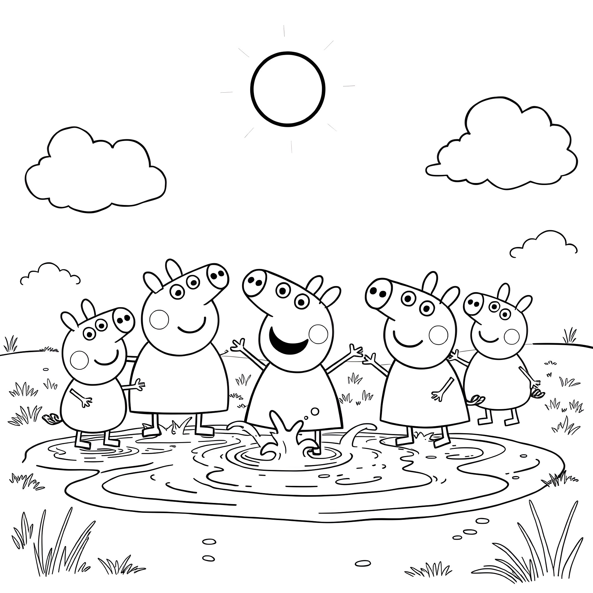 Peppa Pig and Family Enjoying Outdoor Fun Coloring Page (free black-and-white line drawing printable PDF for all, from beginners to advanced learners, including children, teens, adults, and seniors)