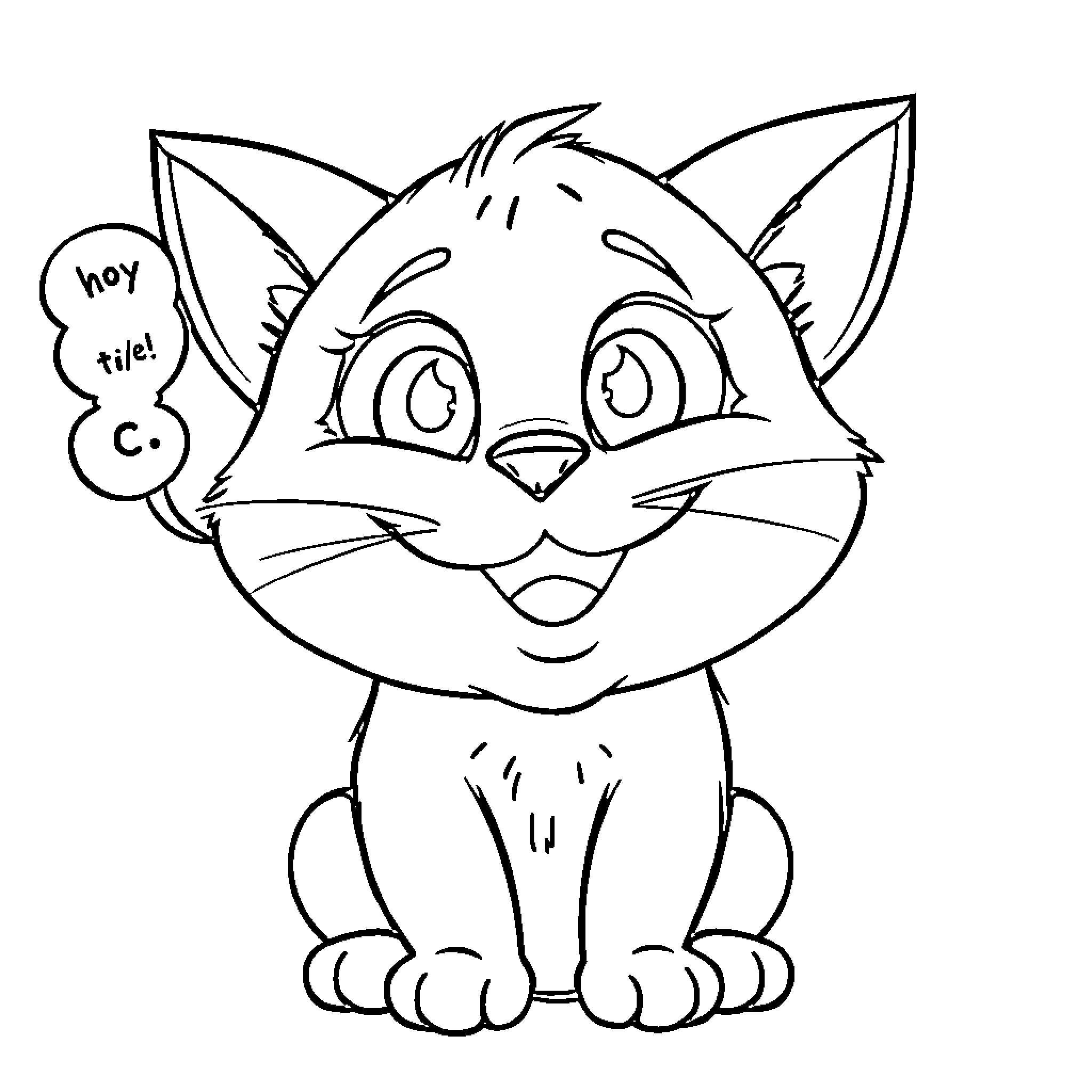 Cat expressing surprise with speech bubble Coloring Page (free black-and-white line drawing printable PDF for all, from beginners to advanced learners, including children, teens, adults, and seniors)