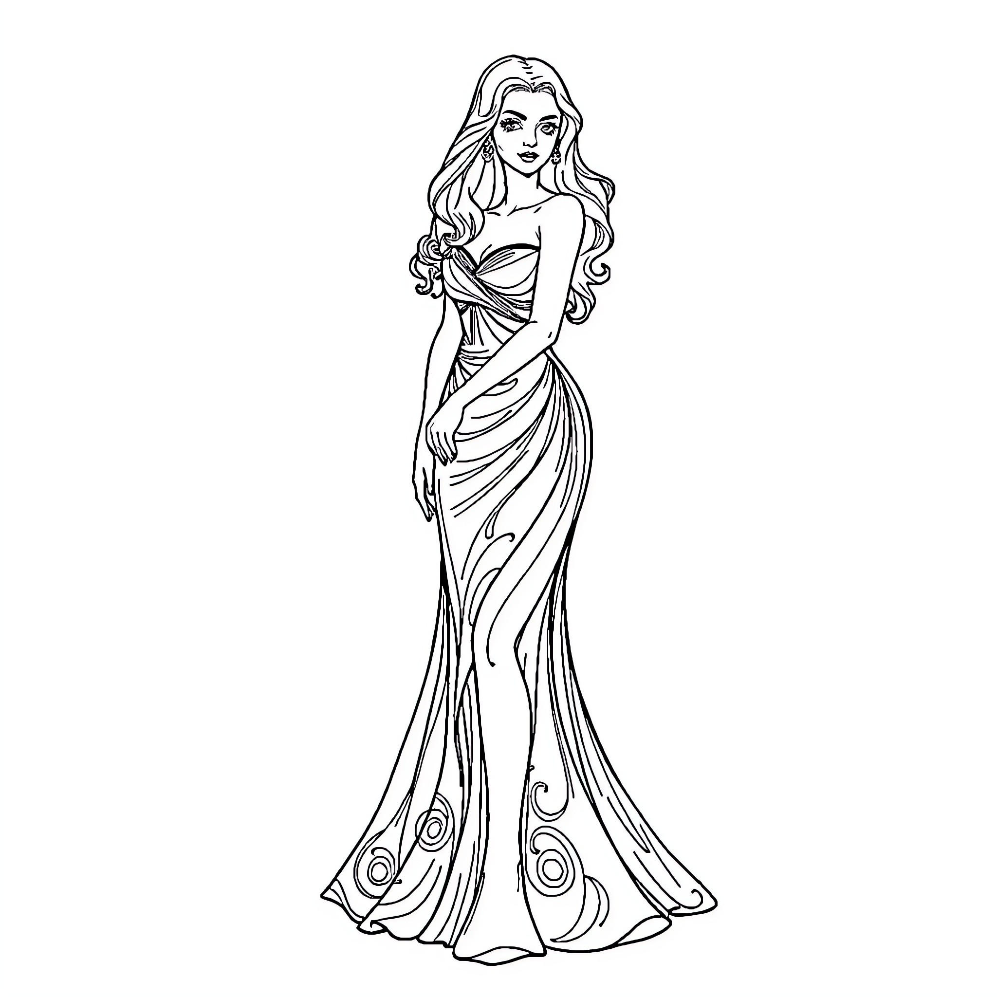 Demitra's Elegant Formal Attire Coloring Page (free black-and-white line drawing printable PDF for all, from beginners to advanced learners, including children, teens, adults, and seniors)