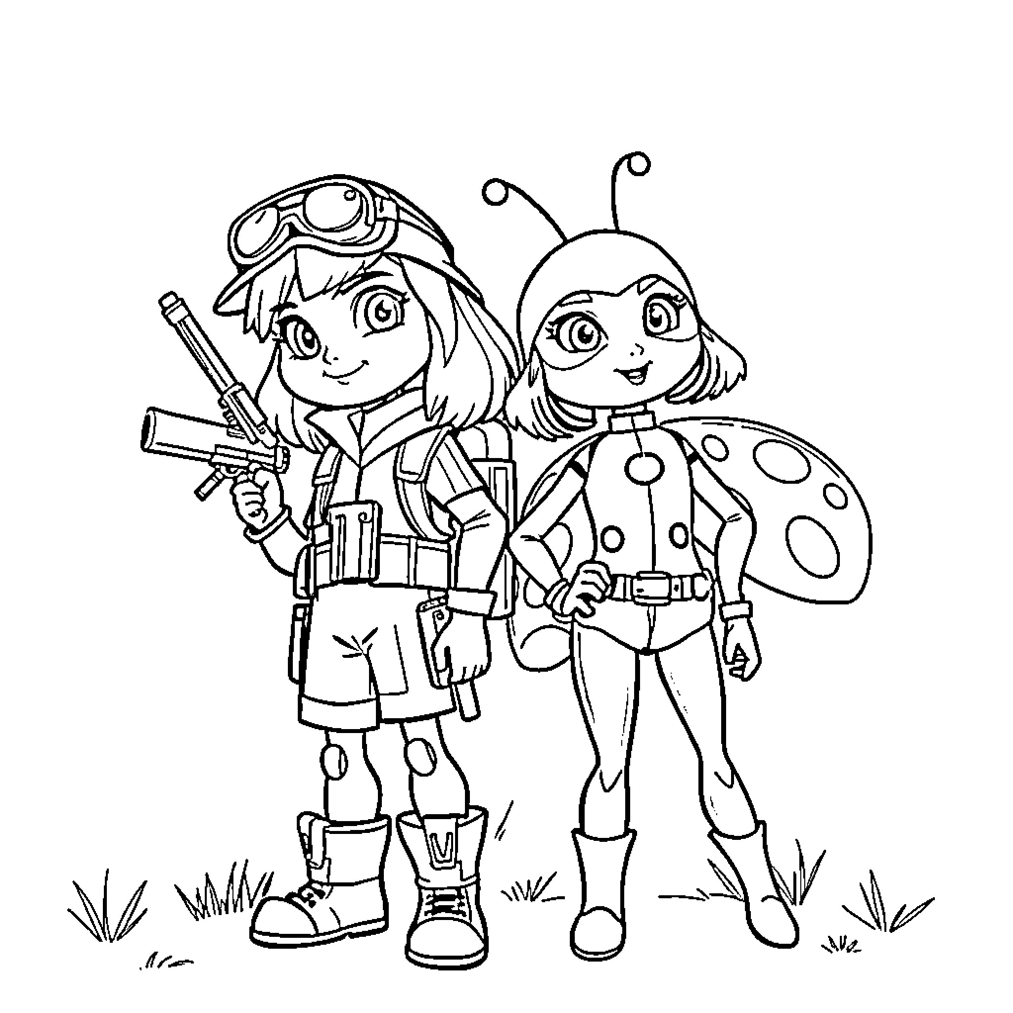 Huntrix: Adventure Duo Explore the Outdoors Coloring Page (free black-and-white line drawing printable PDF for all, from beginners to advanced learners, including children, teens, adults, and seniors)