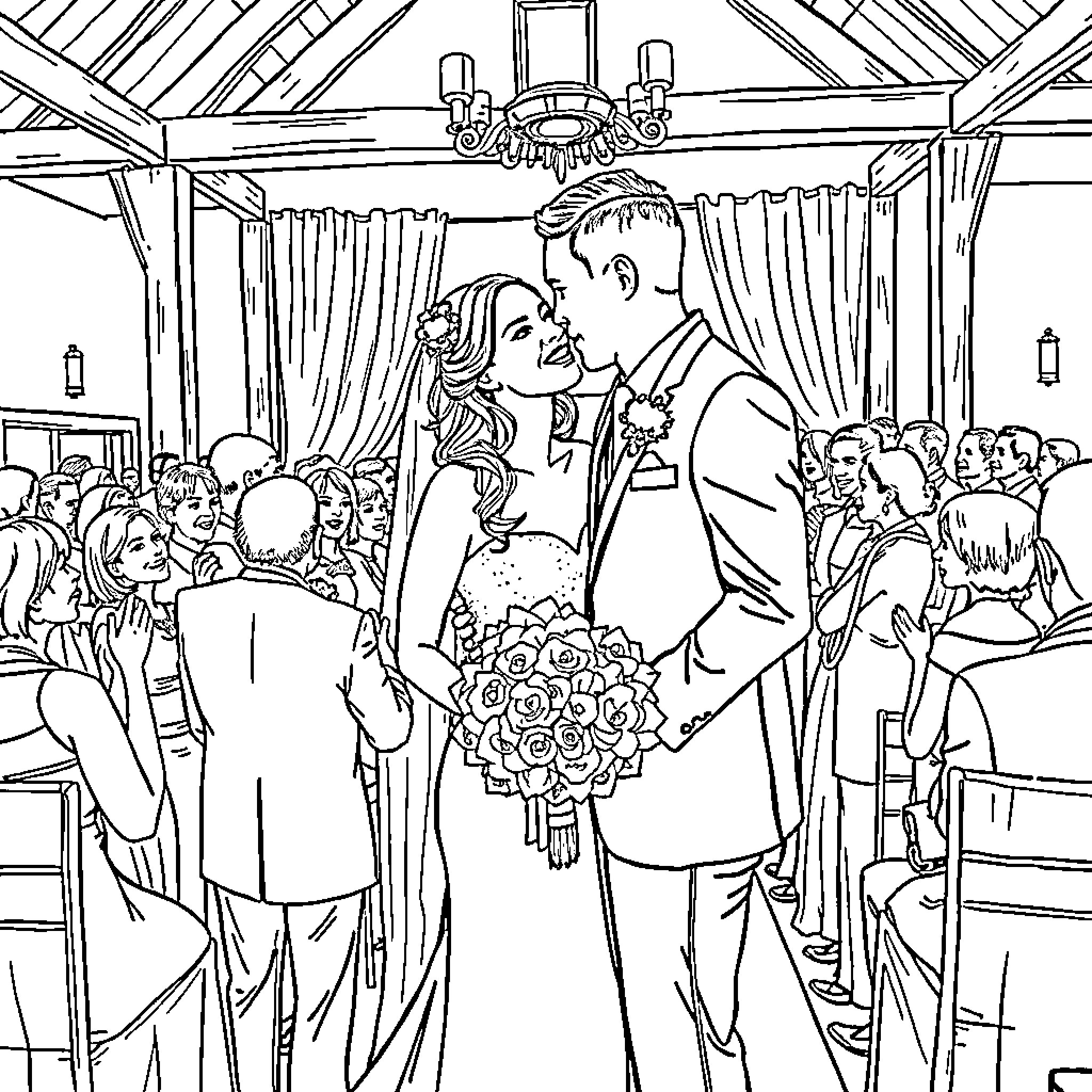 Wedding ceremony with guests and couple in formal attire Coloring Page (free black-and-white line drawing printable PDF for all, from beginners to advanced learners, including children, teens, adults, and seniors)