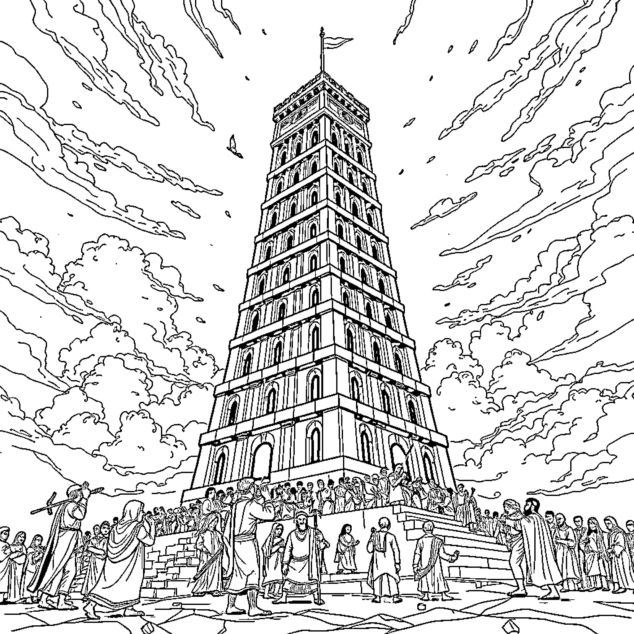 Tower of Babel: Diverse Figures Constructing a Towering Structure Coloring Page (free black-and-white line drawing printable PDF for all, from beginners to advanced learners, including children, teens, adults, and seniors)