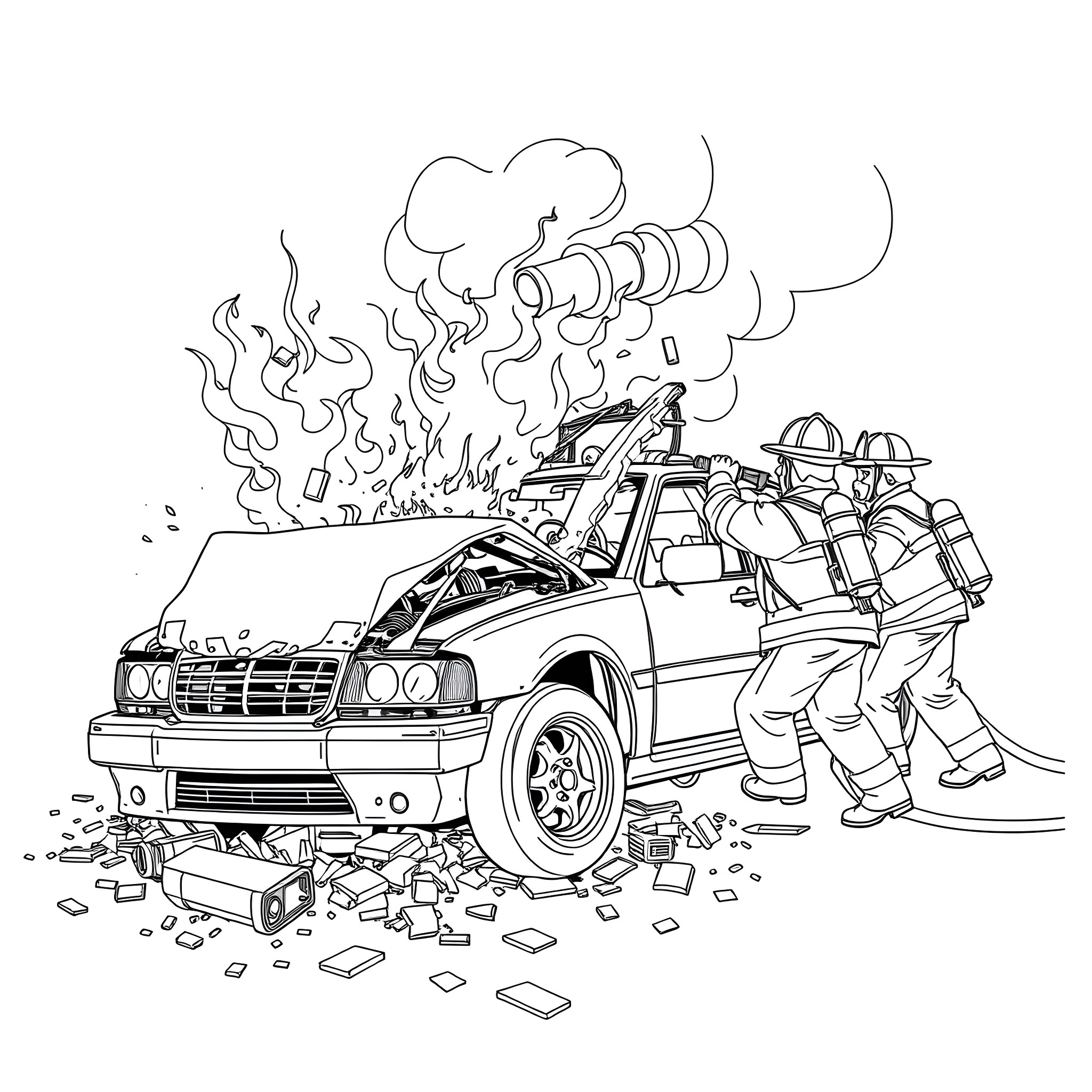 Firefighters respond to a burning vehicle emergency Coloring Page (free black-and-white line drawing printable PDF for all, from beginners to advanced learners, including children, teens, adults, and seniors)