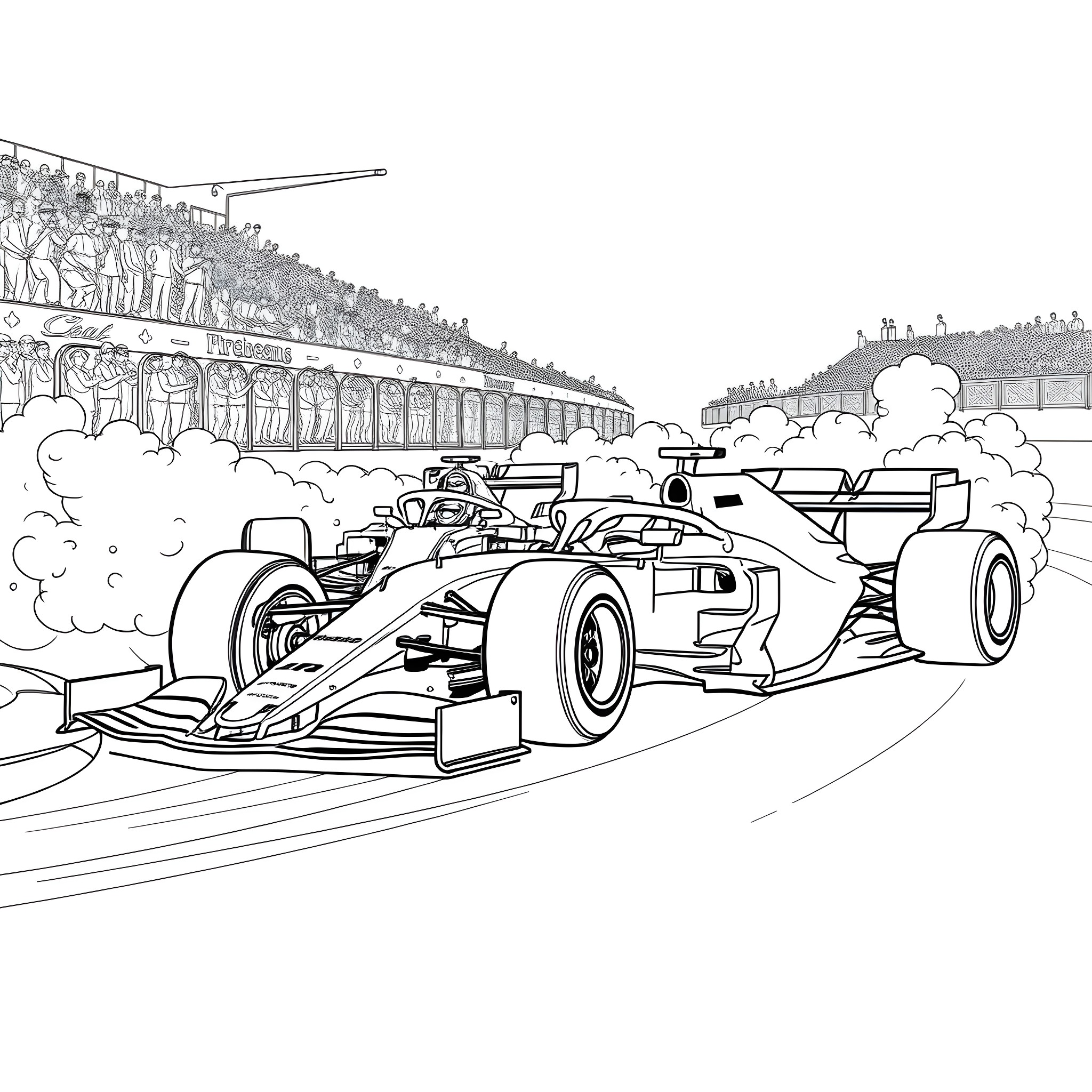 F1 Car Racing on the Track with Spectators Coloring Page (free black-and-white line drawing printable PDF for all, from beginners to advanced learners, including children, teens, adults, and seniors)