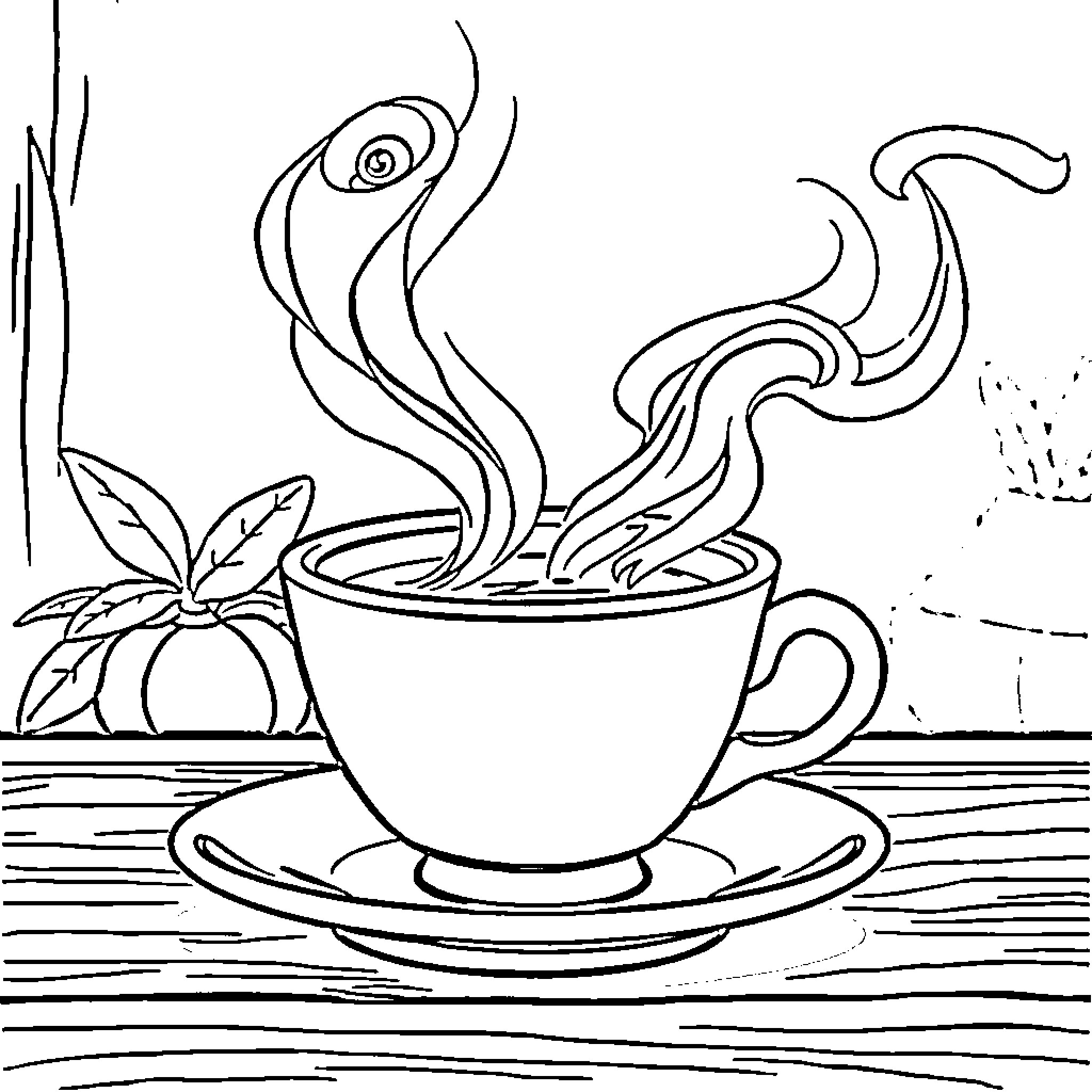 Charming hot beverage with swirling steam Coloring Page (free black-and-white line drawing printable PDF for all, from beginners to advanced learners, including children, teens, adults, and seniors)