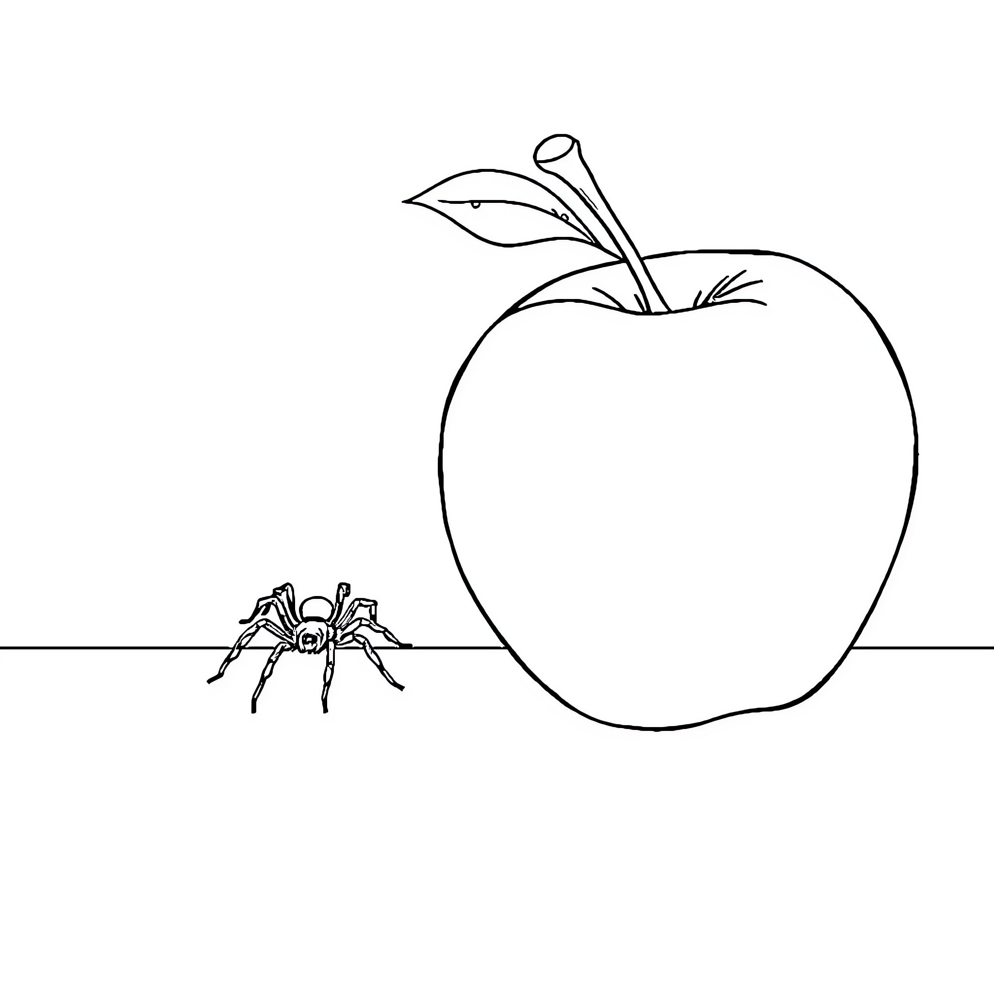 Apple with a curious spider Coloring Page (free black-and-white line drawing printable PDF for all, from beginners to advanced learners, including children, teens, adults, and seniors)