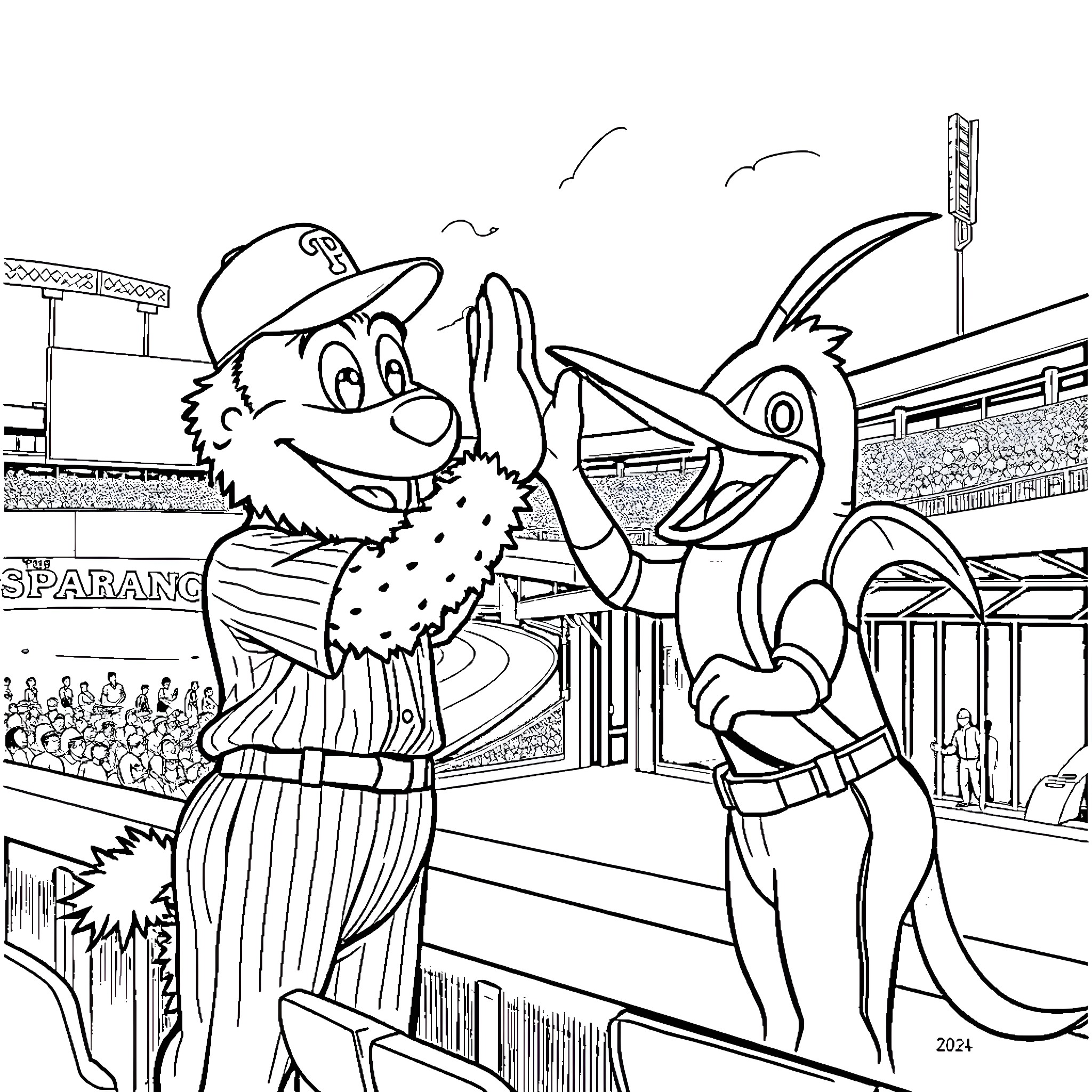 Philly Baseball Players Celebrating in Stadium Coloring Page (free black-and-white line drawing printable PDF for all, from beginners to advanced learners, including children, teens, adults, and seniors)