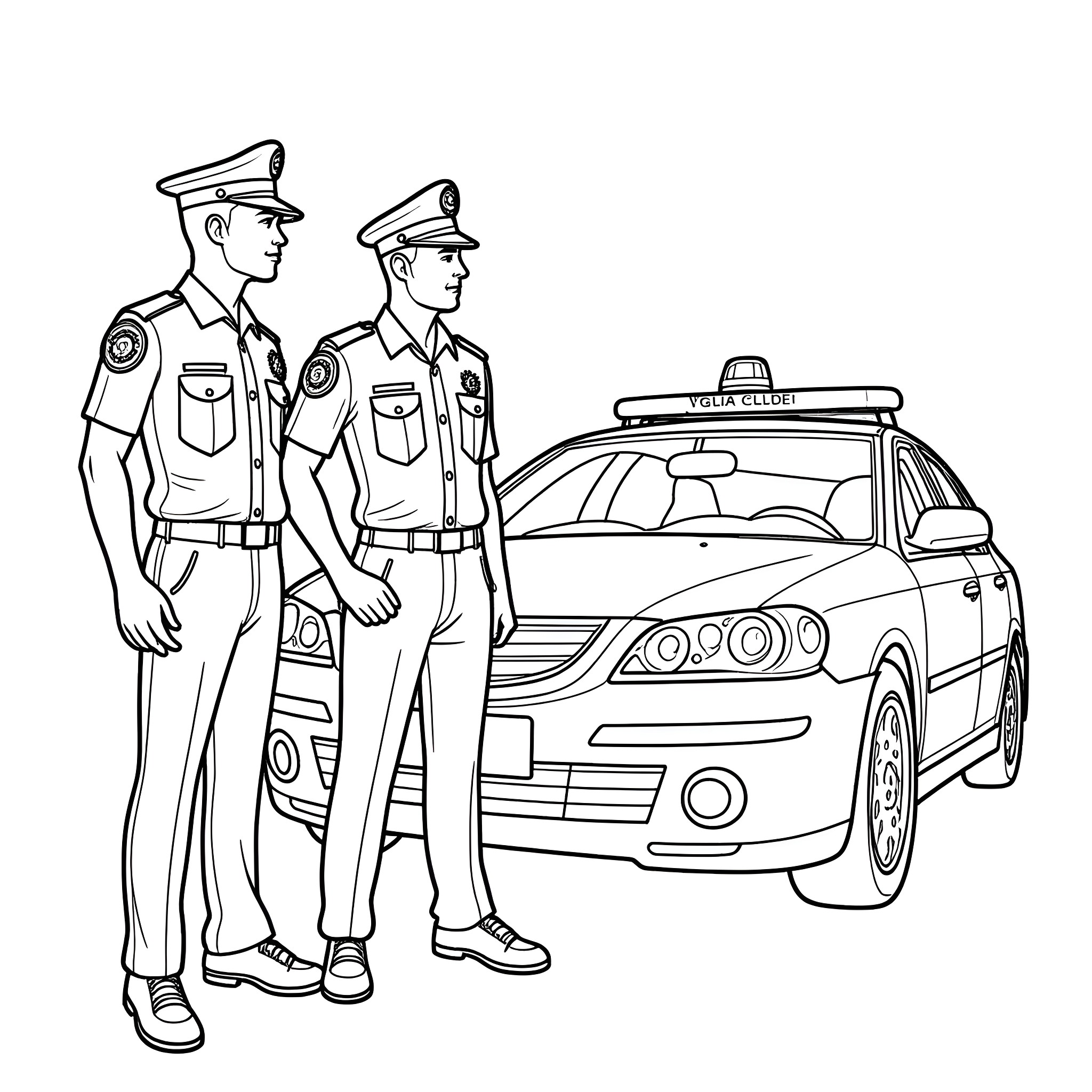 Police officers standing near a patrol car Coloring Page (free black-and-white line drawing printable PDF for all, from beginners to advanced learners, including children, teens, adults, and seniors)