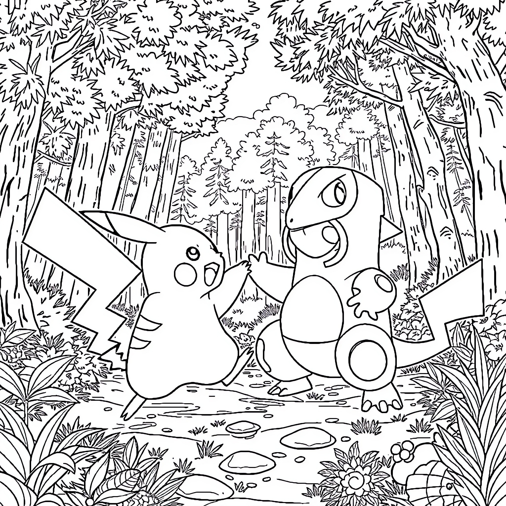 Pikachu and Friends Exploring the Enchanted Forest Coloring Page (free black-and-white line drawing printable PDF for all, from beginners to advanced learners, including children, teens, adults, and seniors)