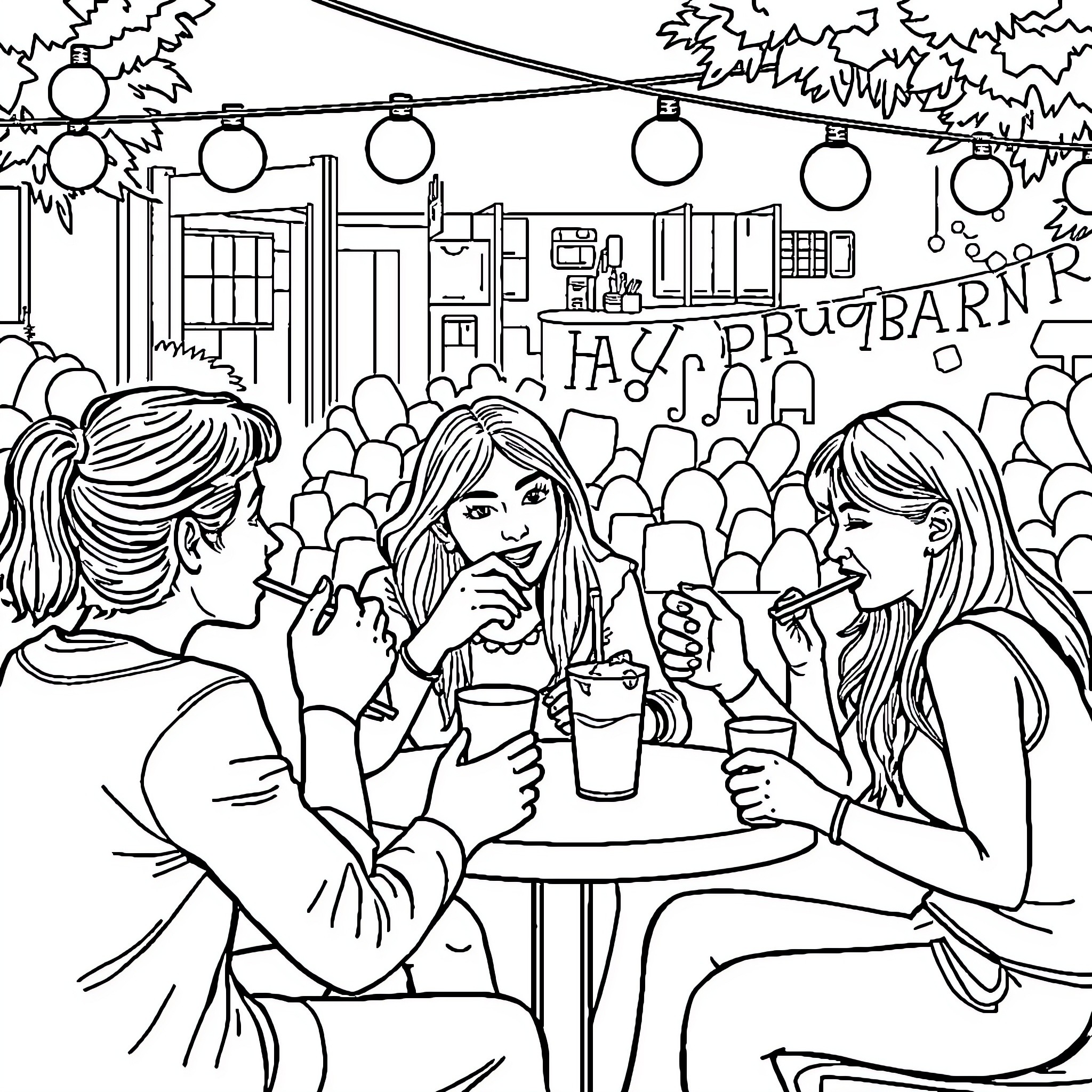 Break at Cozy Pub with Friends Coloring Page (free black-and-white line drawing printable PDF for all, from beginners to advanced learners, including children, teens, adults, and seniors)