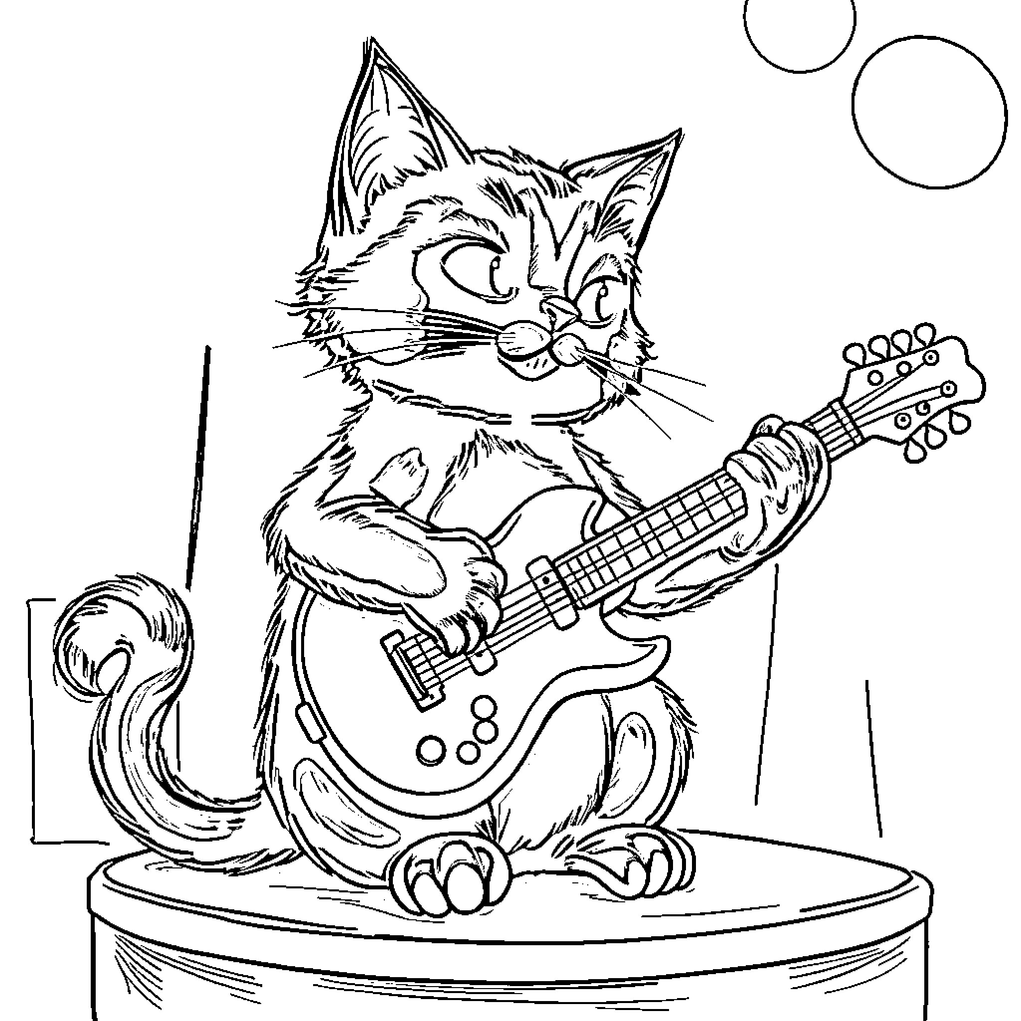 Cat playing electric guitar on stage Coloring Page (free black-and-white line drawing printable PDF for all, from beginners to advanced learners, including children, teens, adults, and seniors)