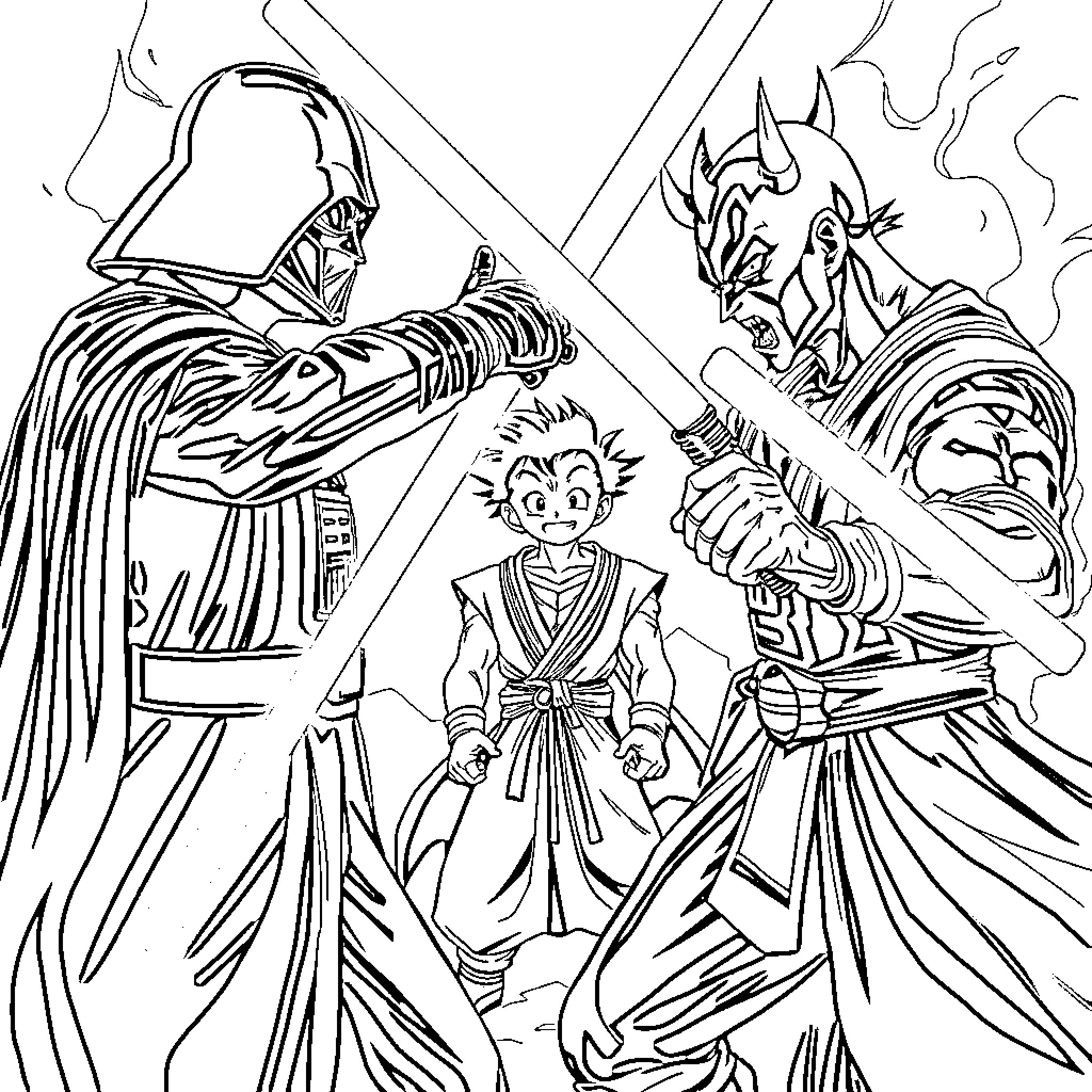 Darth Vader confronts a young warrior on the battlefield Coloring Page (free black-and-white line drawing printable PDF for all, from beginners to advanced learners, including children, teens, adults, and seniors)