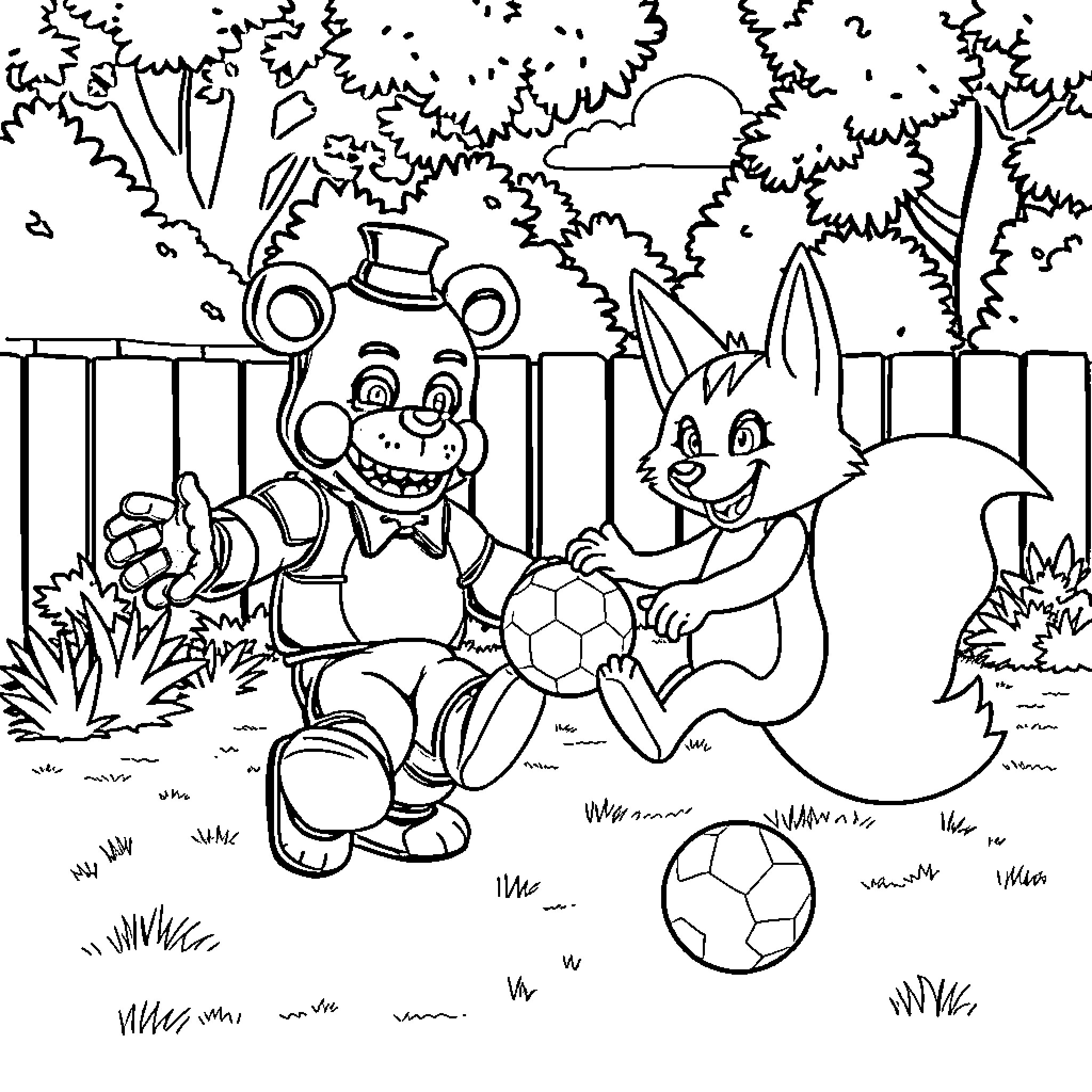 Freddy Fazbear and Friends Playing Soccer in the Park Coloring Page (free black-and-white line drawing printable PDF for all, from beginners to advanced learners, including children, teens, adults, and seniors)