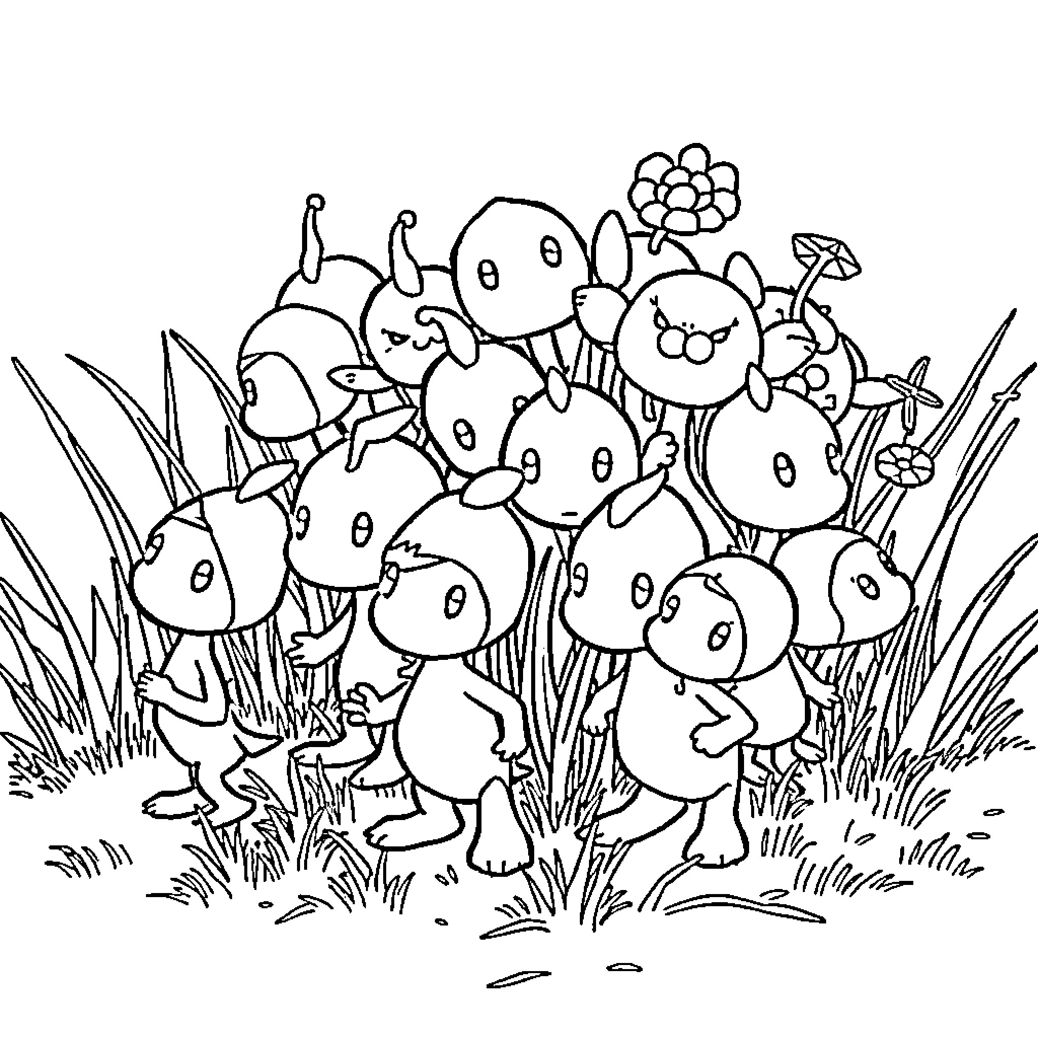 Pikmin exploring a flowery meadow Coloring Page (free black-and-white line drawing printable PDF for all, from beginners to advanced learners, including children, teens, adults, and seniors)