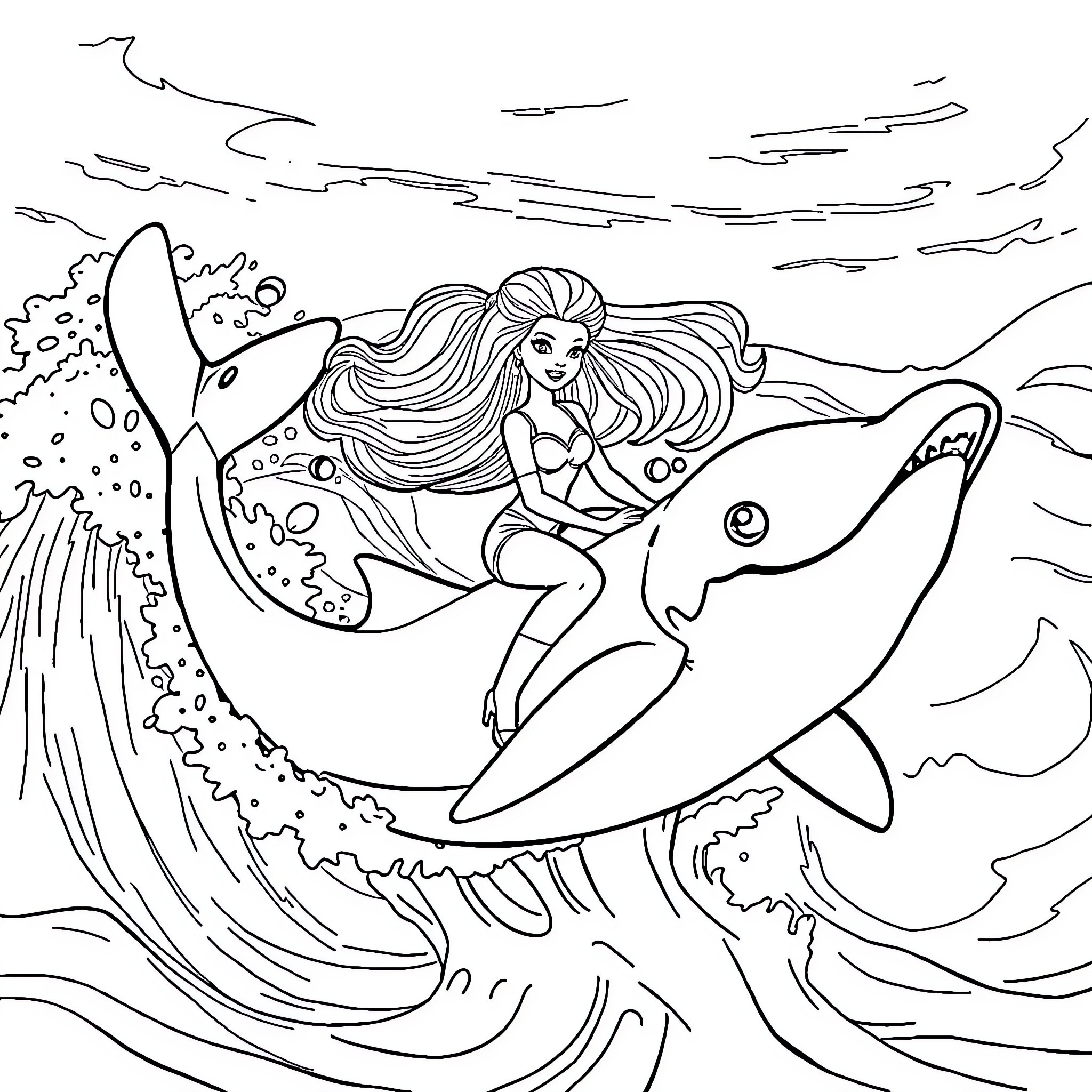 Barbie swimming joyfully with colorful sea creatures Coloring Page (free black-and-white line drawing printable PDF for all, from beginners to advanced learners, including children, teens, adults, and seniors)