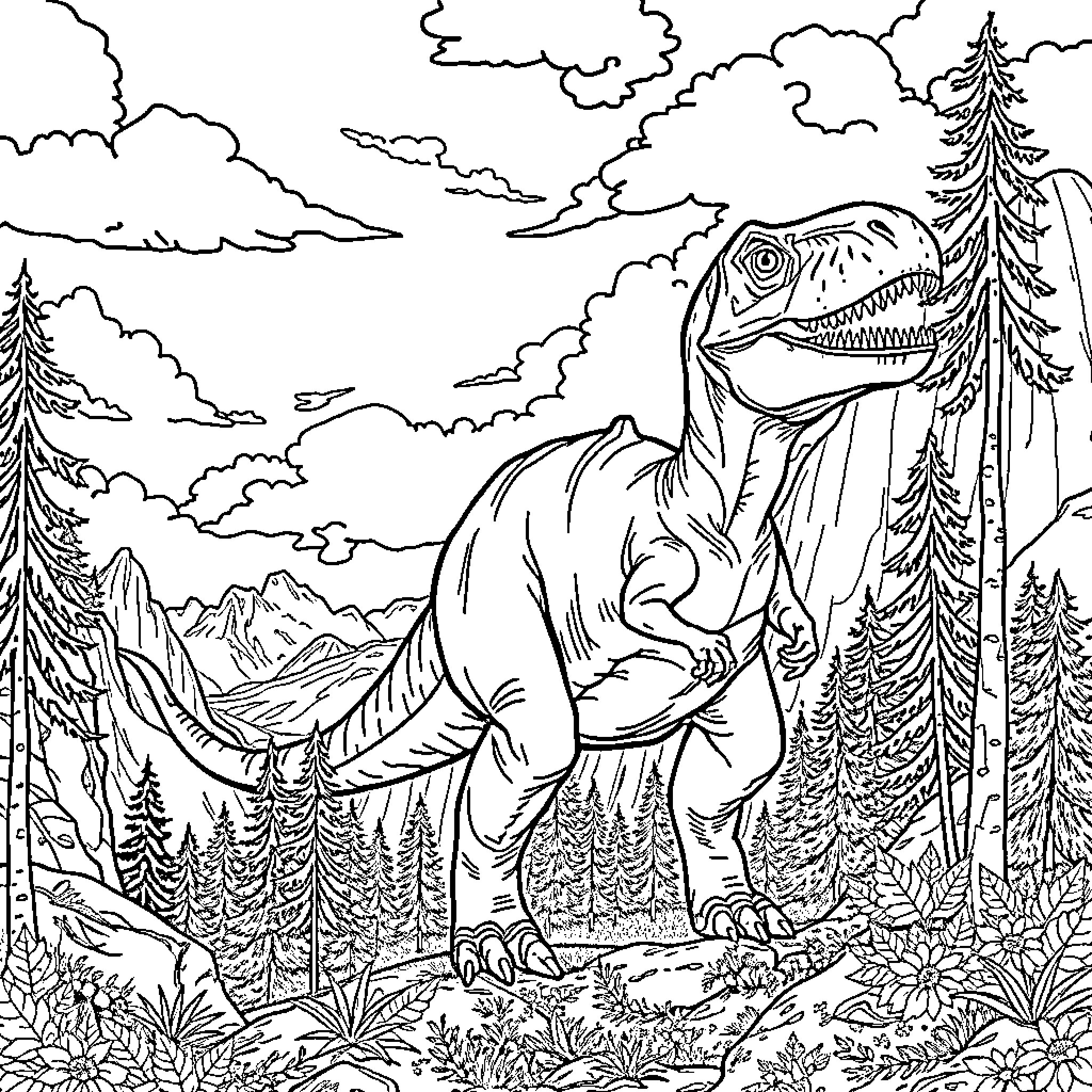 Dinosaur roaming in the prehistoric forest Coloring Page (free black-and-white line drawing printable PDF for all, from beginners to advanced learners, including children, teens, adults, and seniors)