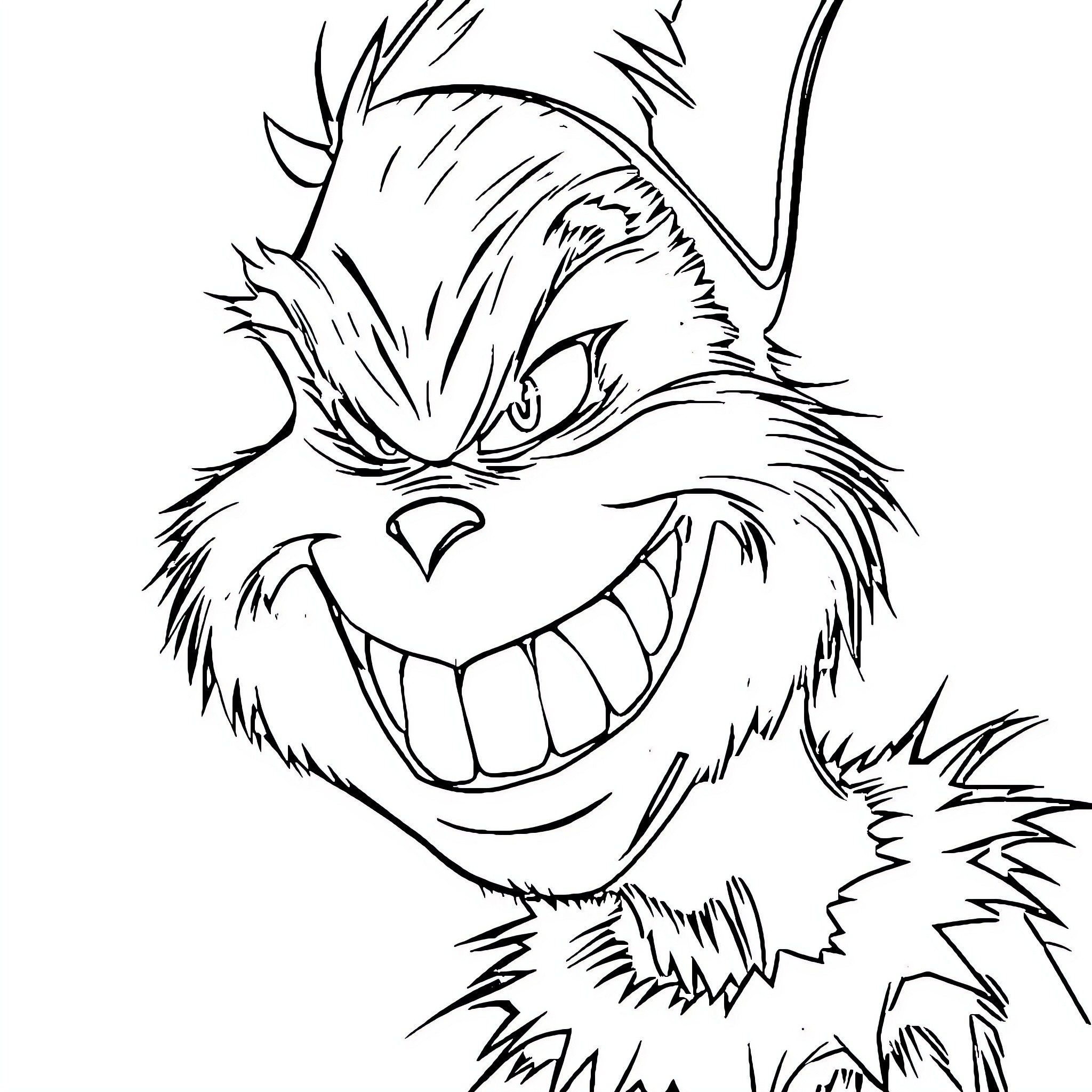 Grinch's Mischievous Grin Coloring Page (free black-and-white line drawing printable PDF for all, from beginners to advanced learners, including children, teens, adults, and seniors)