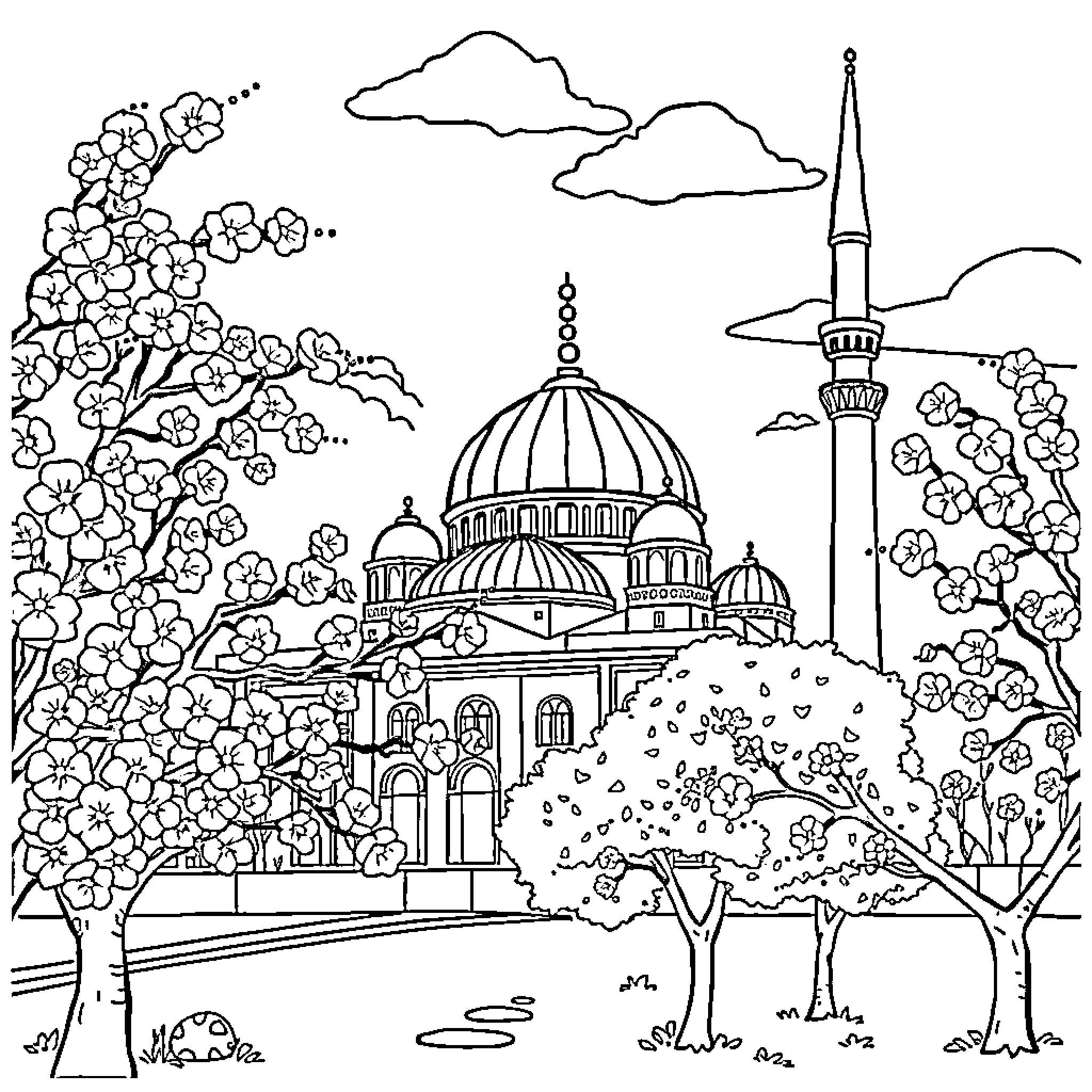 Mosque in spring with blooming flowers and trees Coloring Page (free black-and-white line drawing printable PDF for all, from beginners to advanced learners, including children, teens, adults, and seniors)