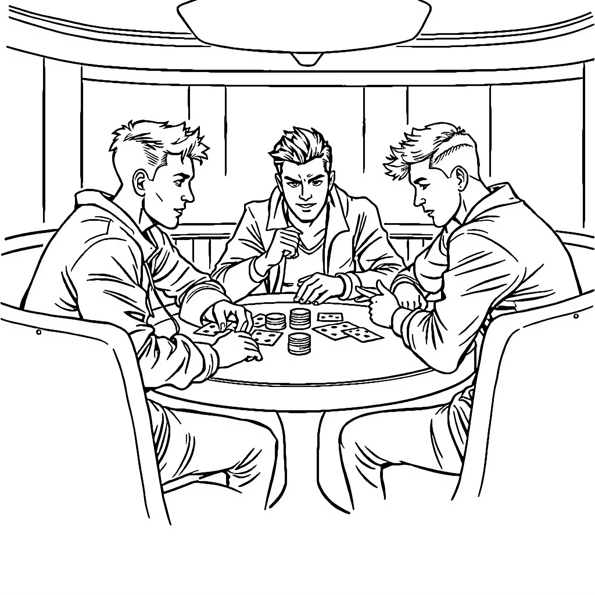 Pemuda engaging in card game in stylized setting Coloring Page (free black-and-white line drawing printable PDF for all, from beginners to advanced learners, including children, teens, adults, and seniors)