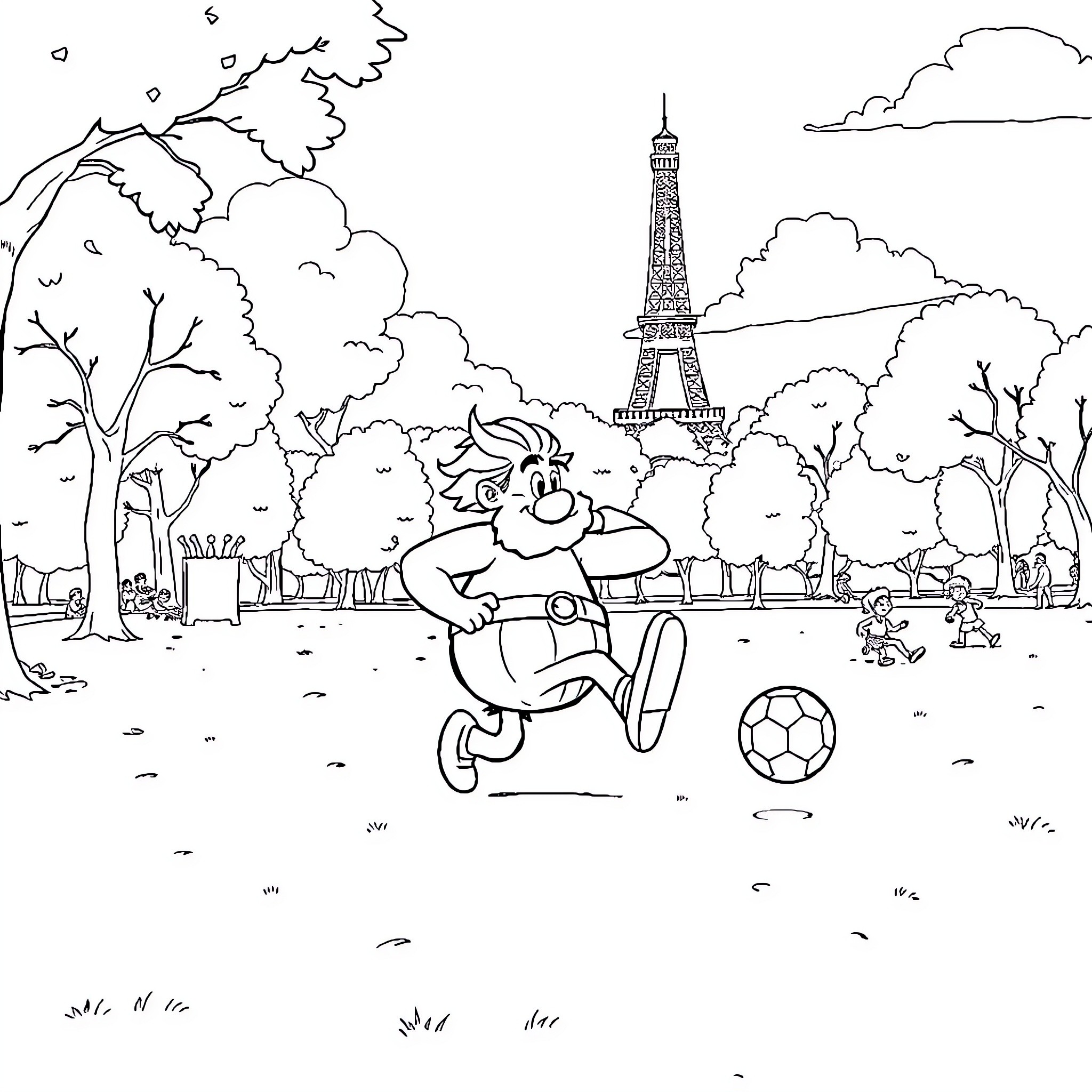 Obelix playing football in a Parisian park Coloring Page (free black-and-white line drawing printable PDF for all, from beginners to advanced learners, including children, teens, adults, and seniors)