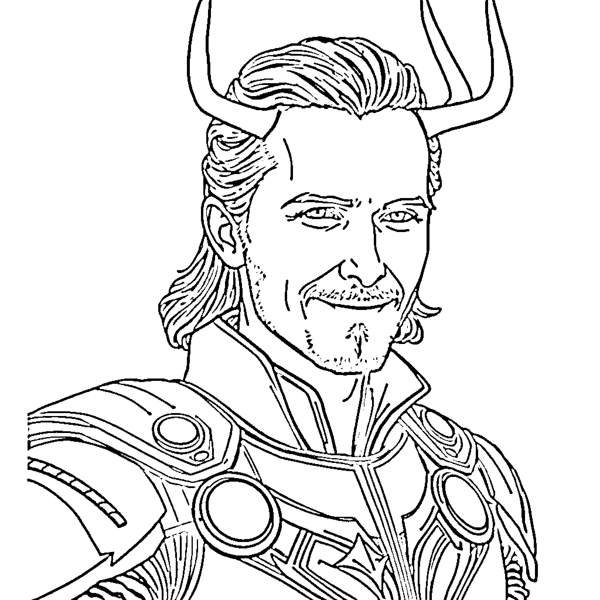 Loki in a Heroic Pose Coloring Page (free black-and-white line drawing printable PDF for all, from beginners to advanced learners, including children, teens, adults, and seniors)