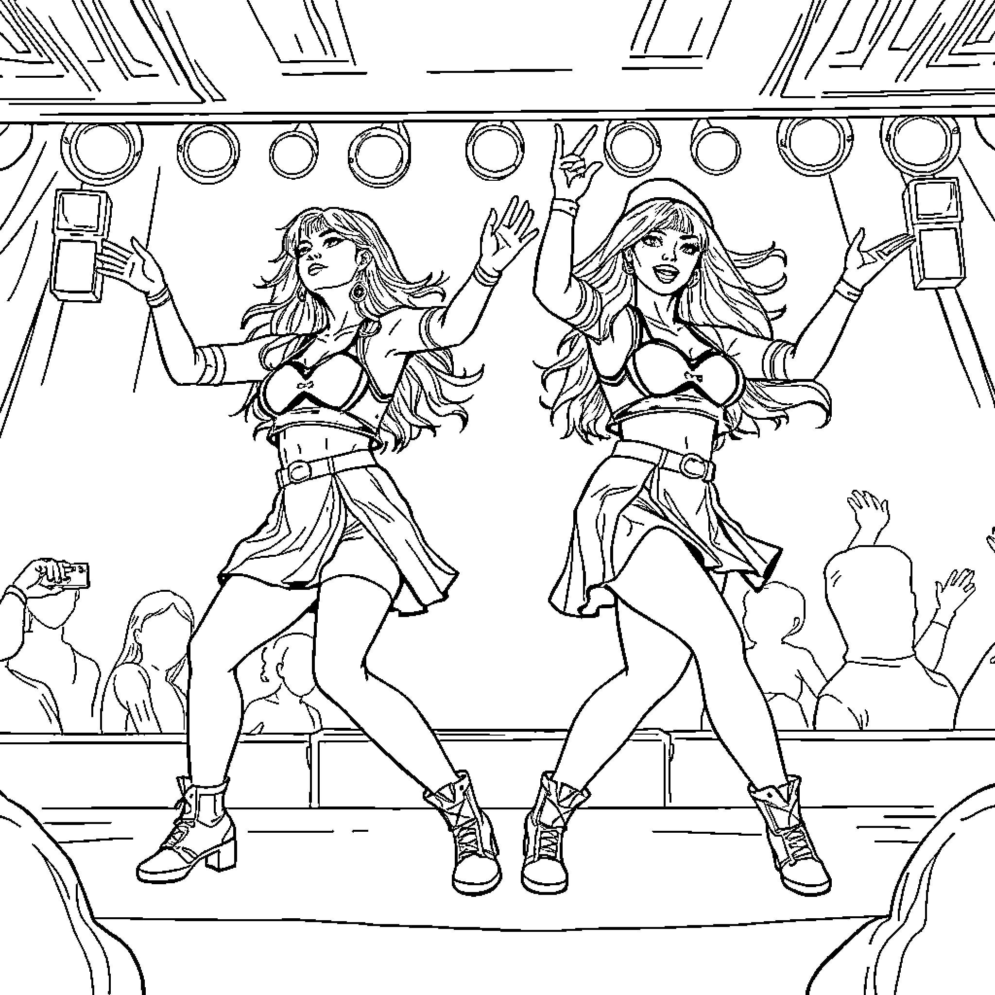 K Pop Warrior Women Performing on Stage Coloring Page (free black-and-white line drawing printable PDF for all, from beginners to advanced learners, including children, teens, adults, and seniors)