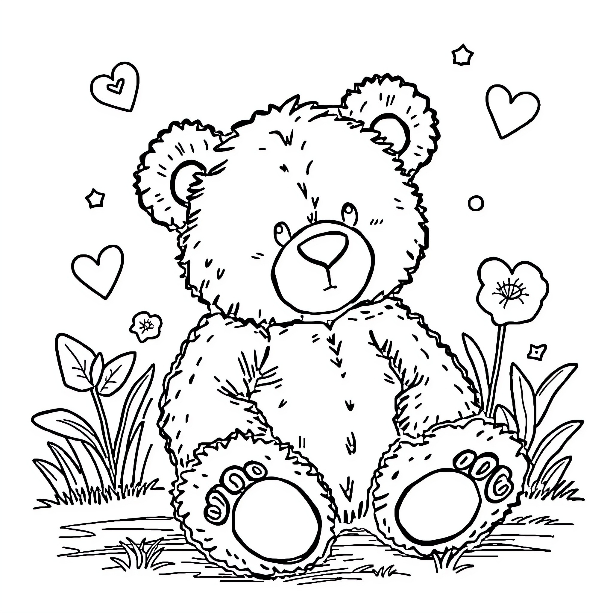 Toy teddy bear with hearts in floral field Coloring Page (free black-and-white line drawing printable PDF for all, from beginners to advanced learners, including children, teens, adults, and seniors)