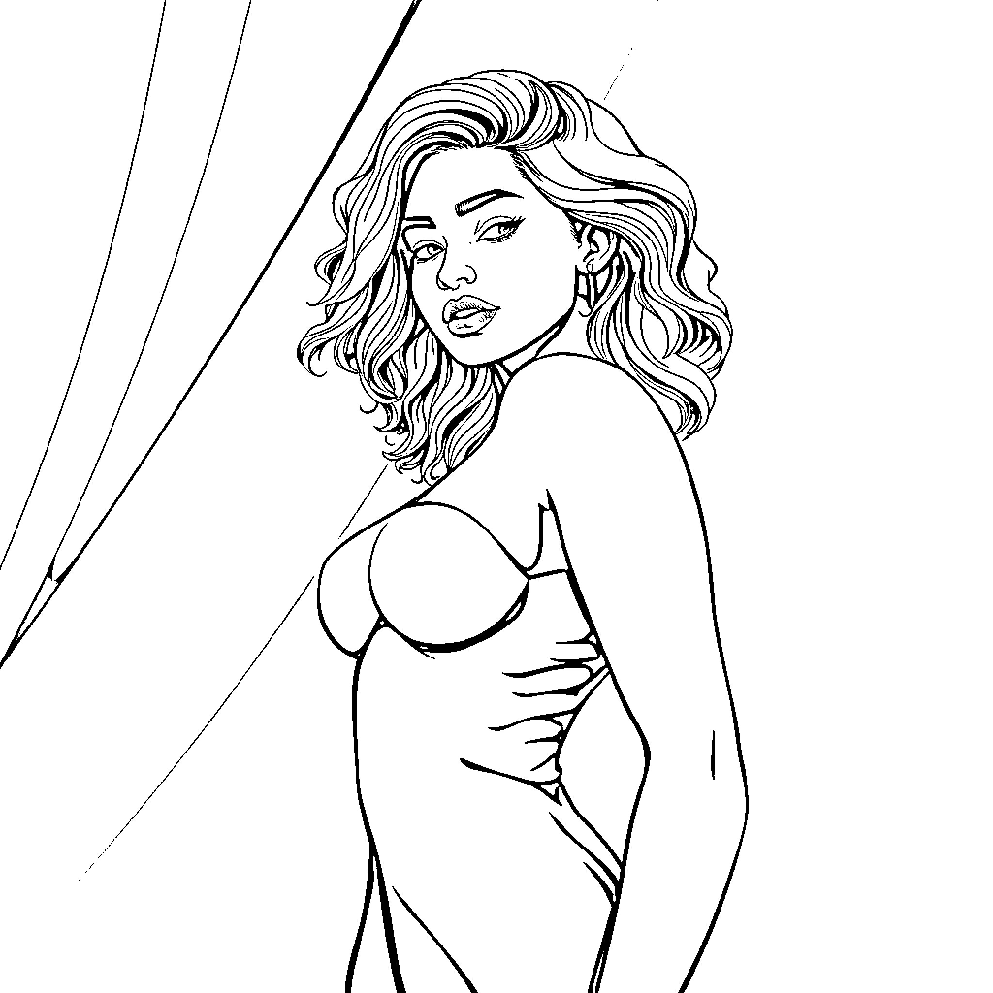 Woman posing in stylish outfit Coloring Page (free black-and-white line drawing printable PDF for all, from beginners to advanced learners, including children, teens, adults, and seniors)