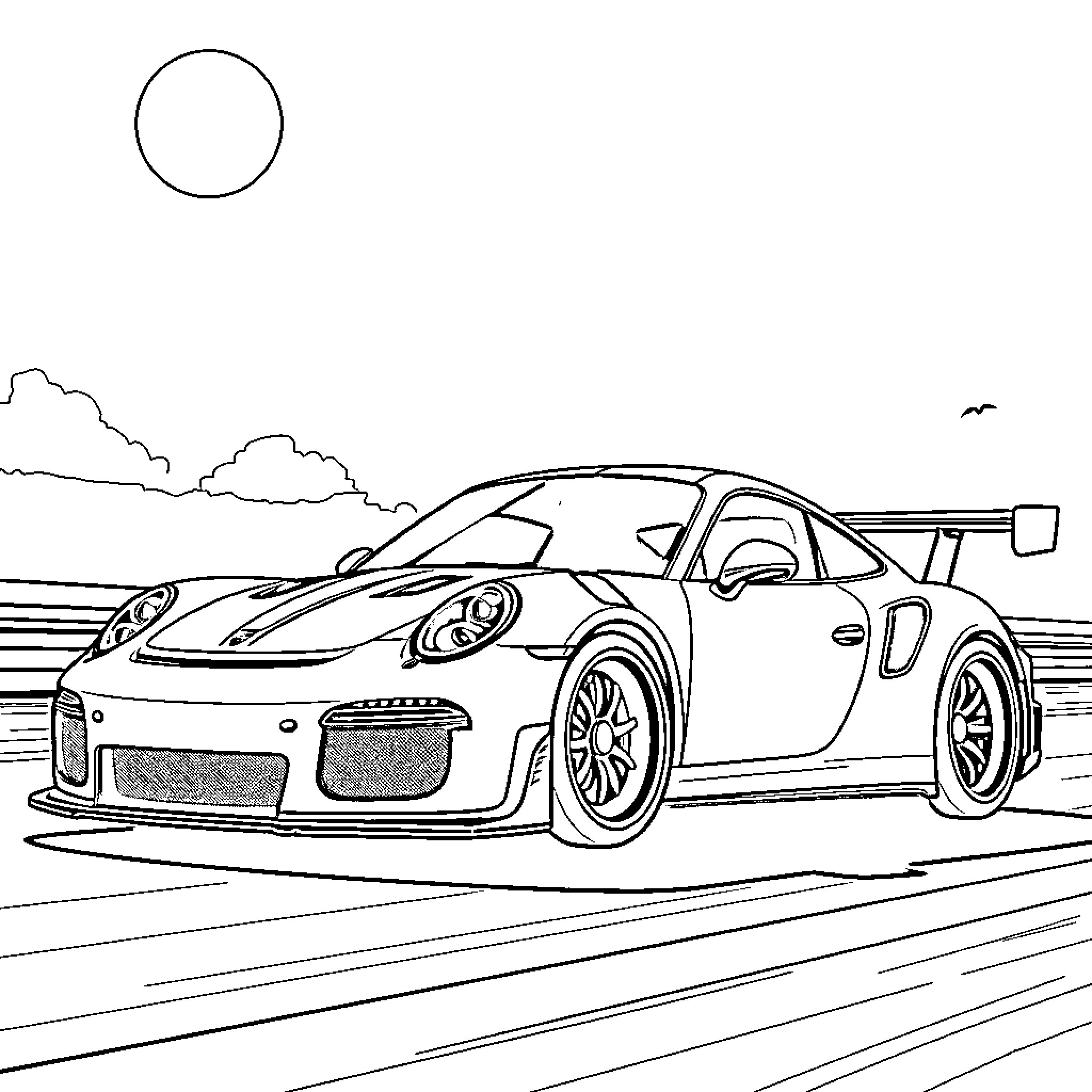 Porsche sports car on racetrack Coloring Page (free black-and-white line drawing printable PDF for all, from beginners to advanced learners, including children, teens, adults, and seniors)