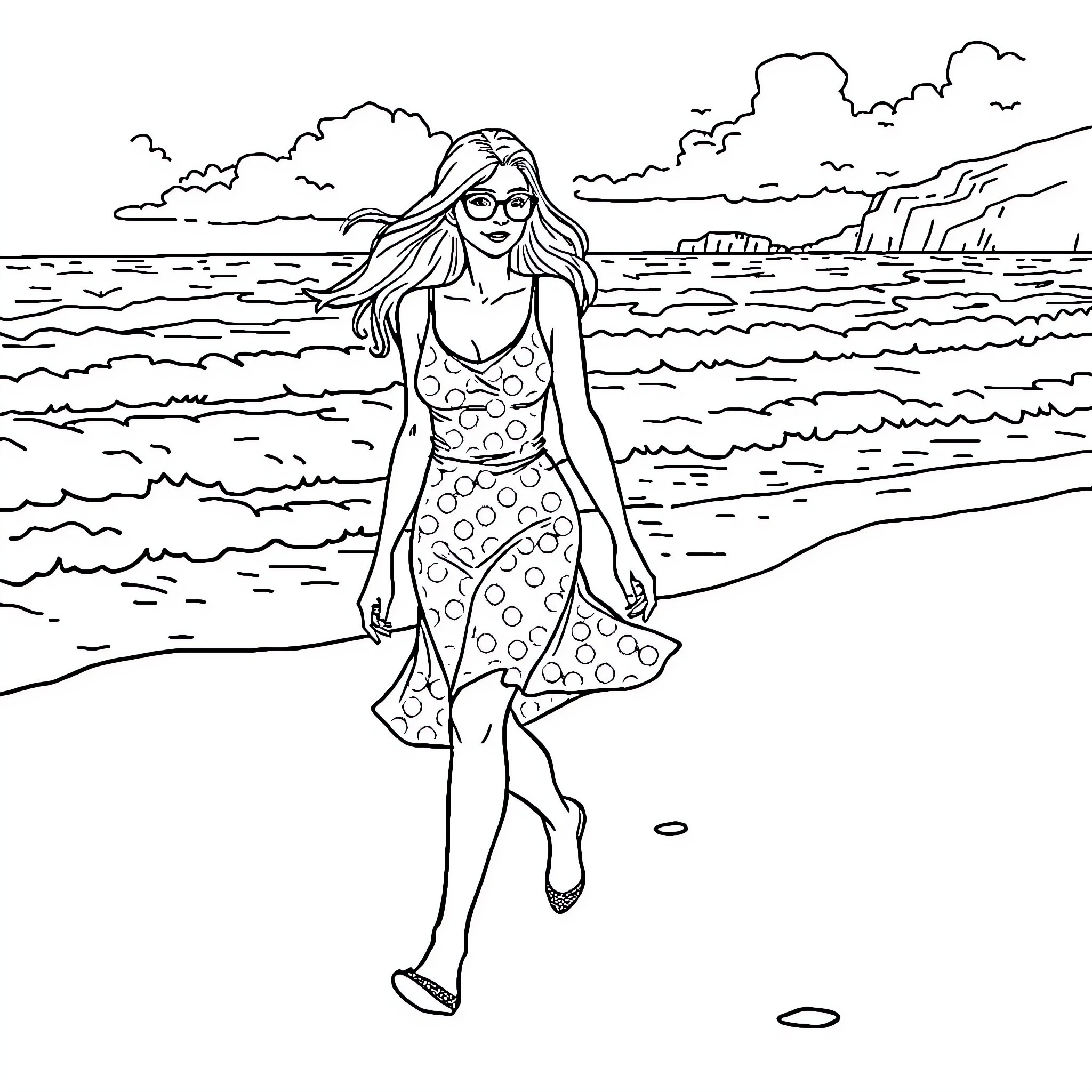 Daphne enjoys a sunny day at the beach Coloring Page (free black-and-white line drawing printable PDF for all, from beginners to advanced learners, including children, teens, adults, and seniors)