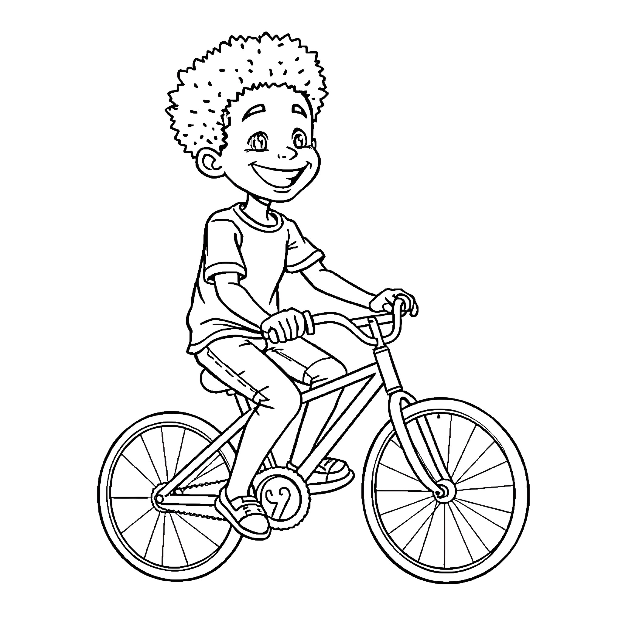 Boy riding a bicycle with a big smile Coloring Page (free black-and-white line drawing printable PDF for all, from beginners to advanced learners, including children, teens, adults, and seniors)
