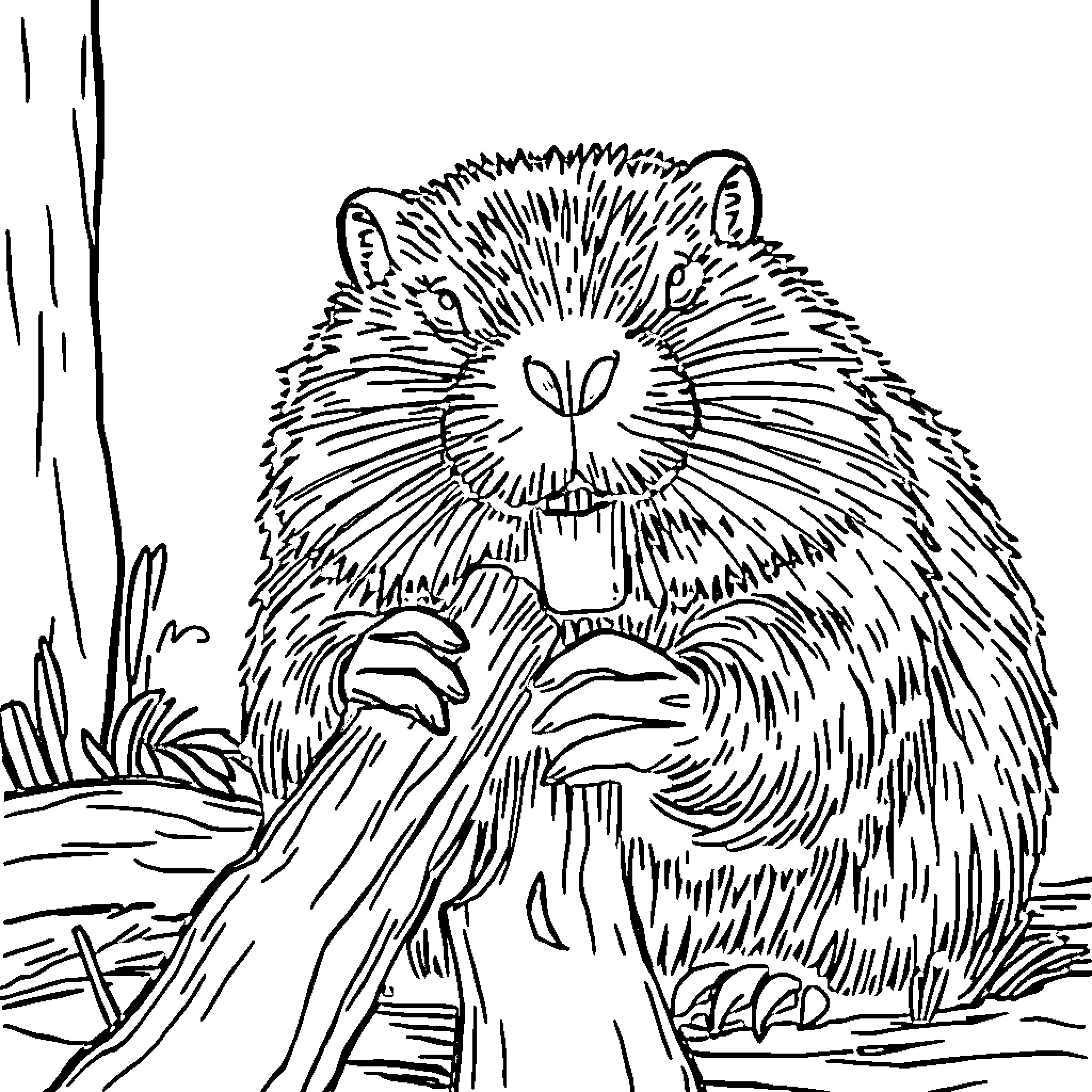 Beaver peeking out from its den Coloring Page (free black-and-white line drawing printable PDF for all, from beginners to advanced learners, including children, teens, adults, and seniors)